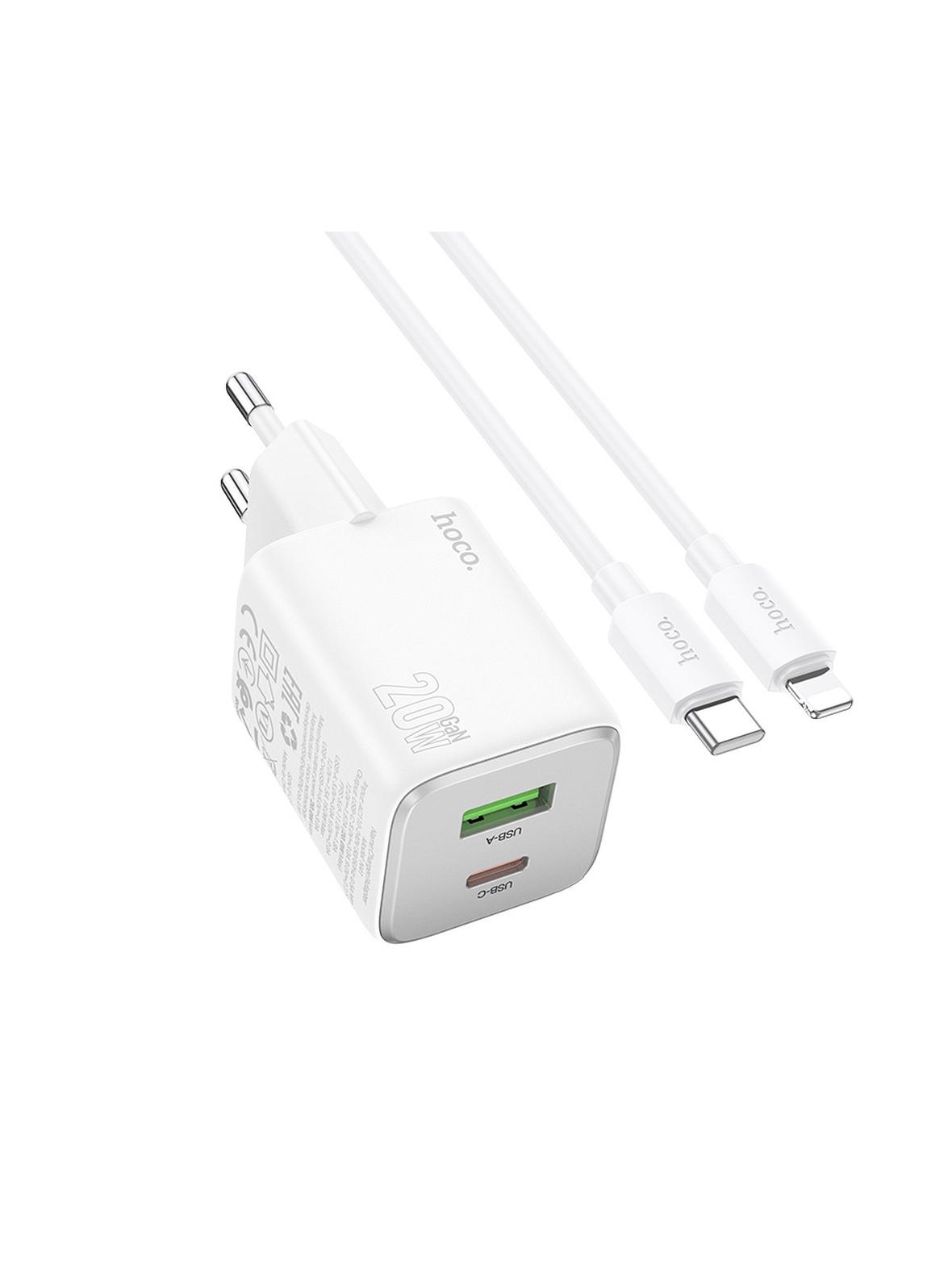 Ładowarka sieciowa do telefonu Hoco USB A + USB C QC PD 3A 20W + kabel USB C do Lightning N41 biała