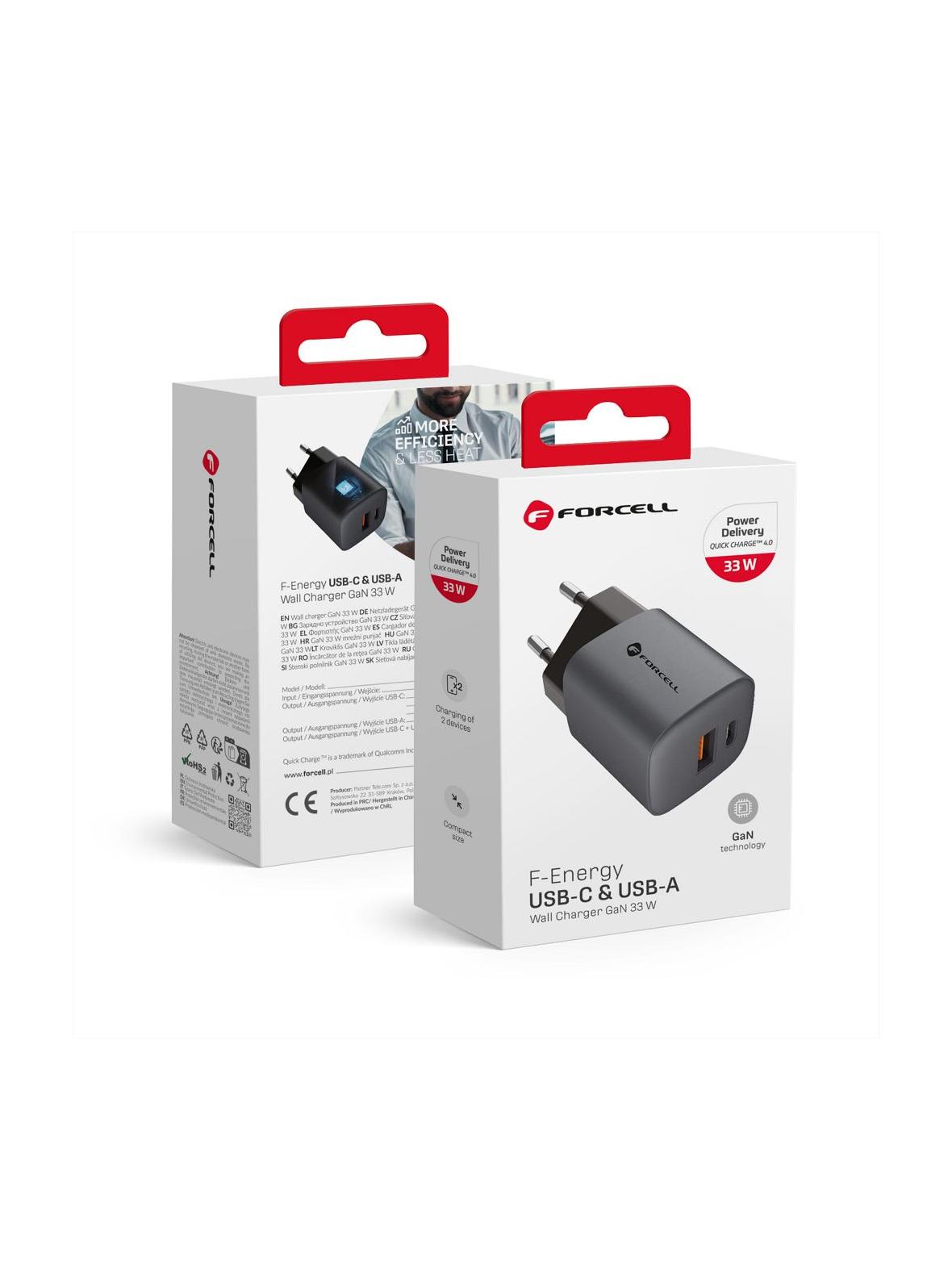 Ładowarka sieciowa do telefonu Forcell F-Energy GaN USB C + USB A QC4.0 PD 3A 33W VT-31 szara