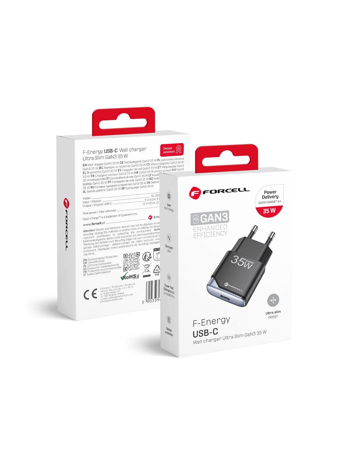 Ładowarka sieciowa do telefonu Forcell F-Energy Ultra Slim GaN III USB C PD QC4.0 3A 35W B135101-E czarna
