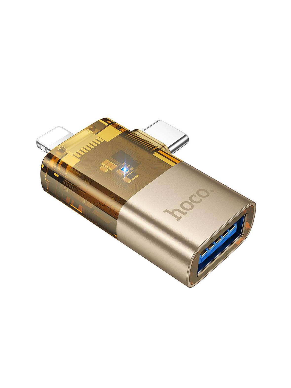 Adapter OTG 2w1 Lightning / USB C do USB A Hoco UA36E złoty