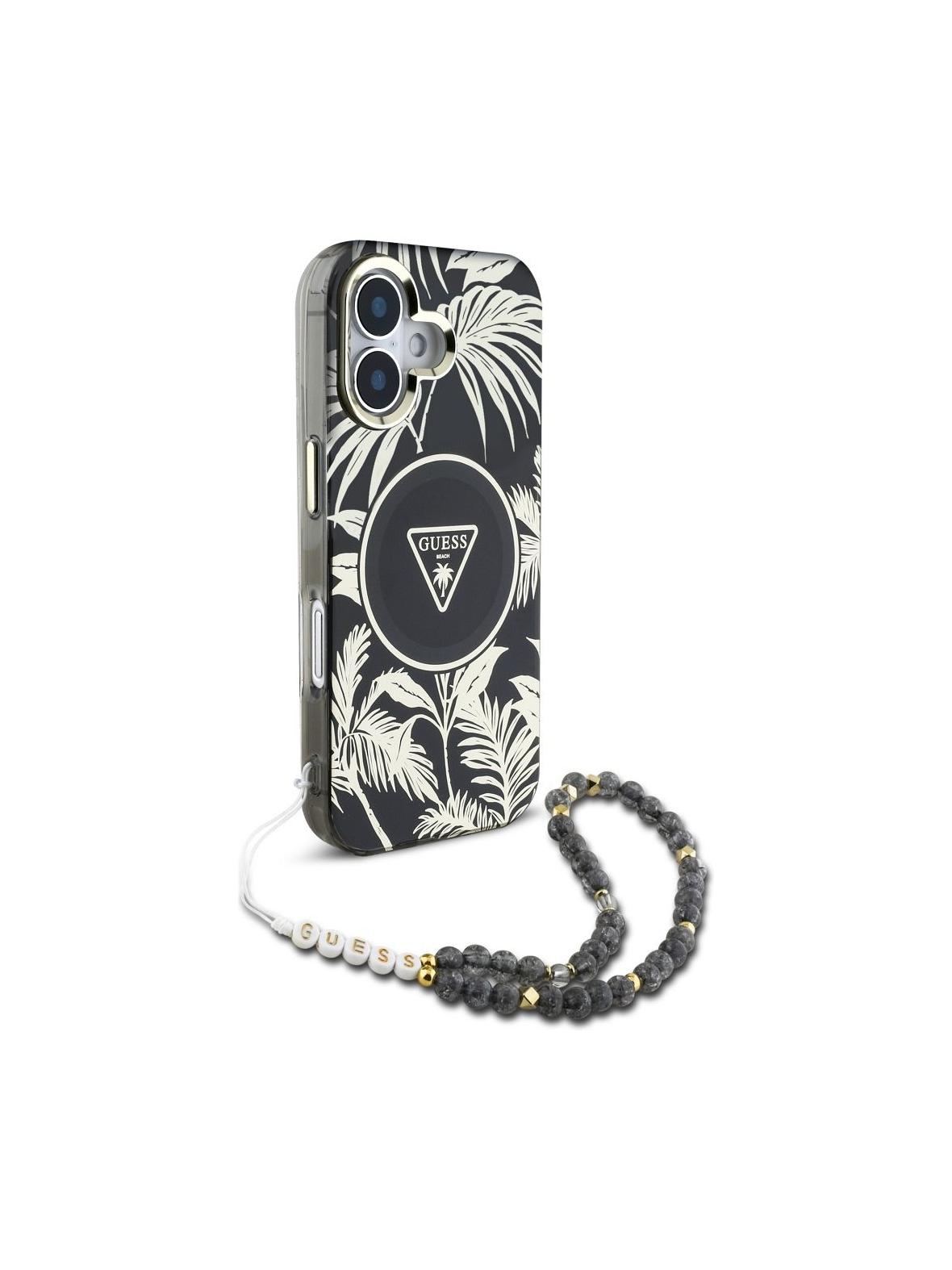 GUESS futerał do IPHONE 16 kompatybilny z MagSafe GUHMP16SHPCTPLSK (IML Palm Trees Triangle W/ Pearl Strap) czarny