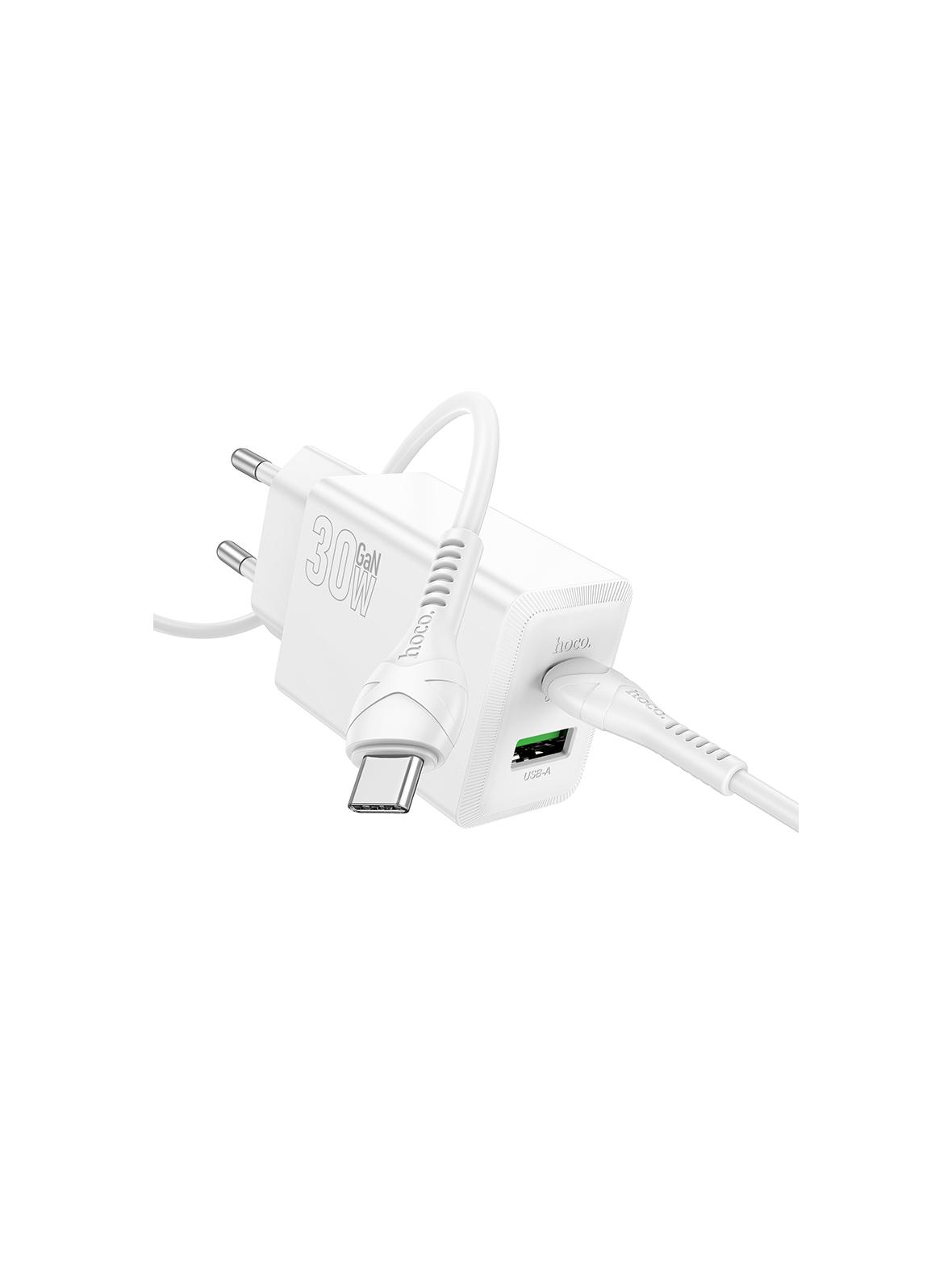 Ładowarka sieciowa do telefonu Hoco USB A + USB C QC3.0 PS AFC 3A 30W + kabel USB C do USB C N71 biała