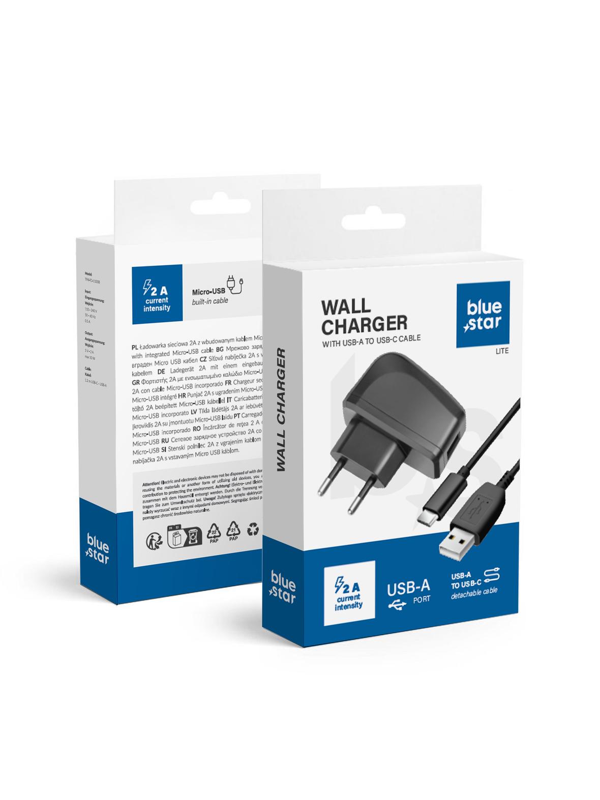 Ładowarka sieciowa do telefonu Blue Star Lite USB A 2A 10W + kabel USB A do USB C TFK-TC-1095B czarna