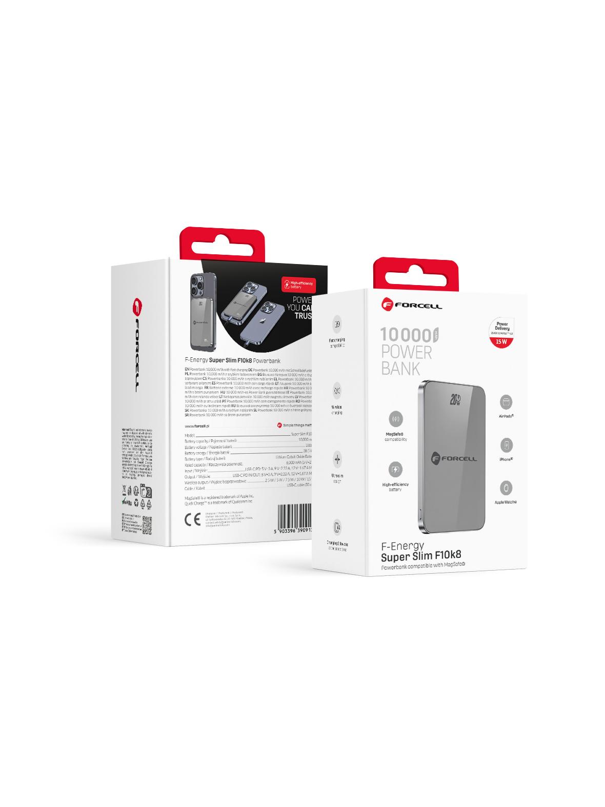 Powerbank zgodny z MagSafe Forcell F-Energy SuperSlim F10K8 QC4.0 PD3.0 15W 10000 mAh szary 0INT