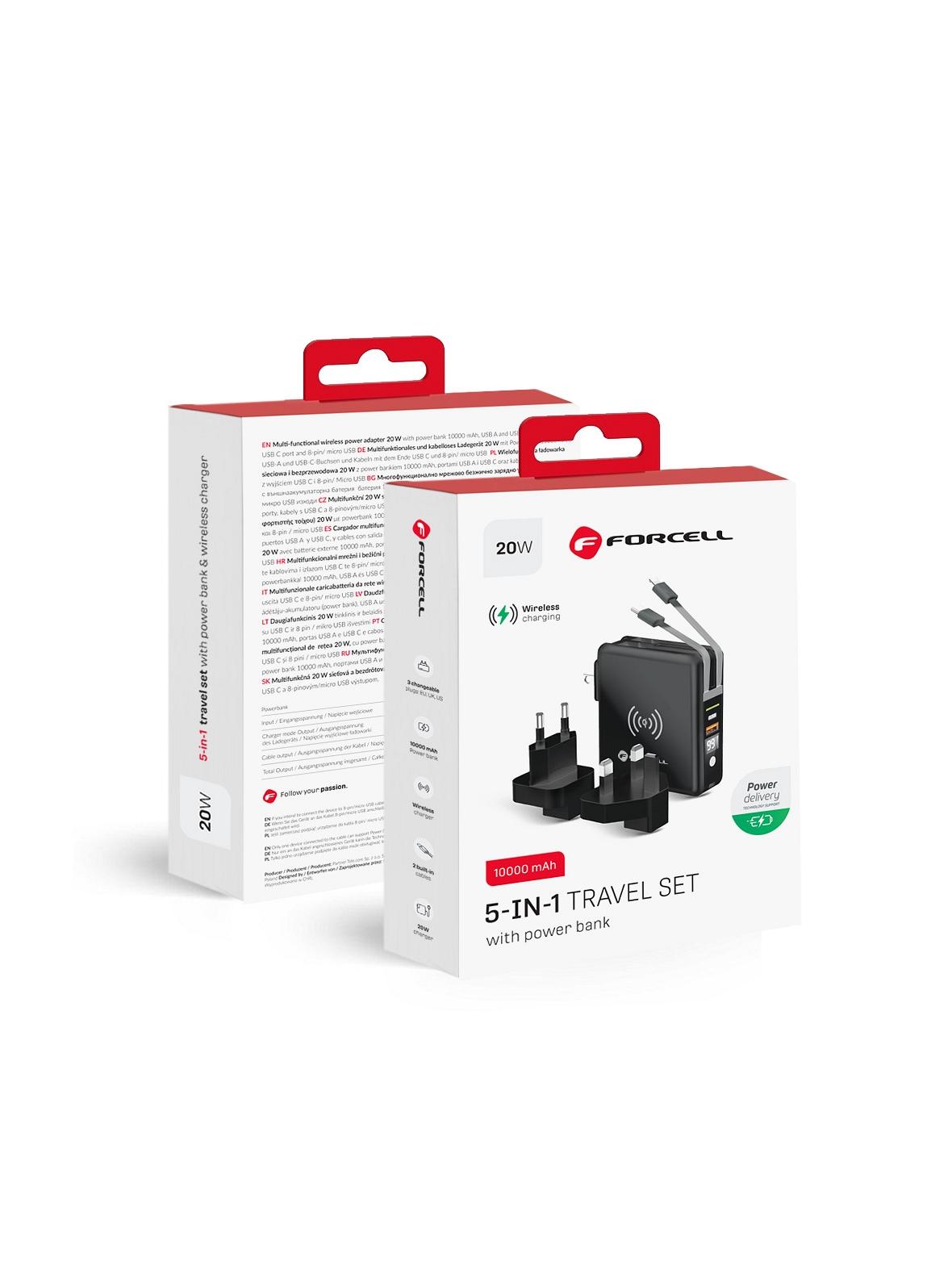 Wielofunkcyjna ładowarka Forcell F-Energy 5w1 USB A + USB C PD 20W + kabel USB C / Lightning + power bank 10000 mAh + ładowanie bezprzewodowe 15W czarna