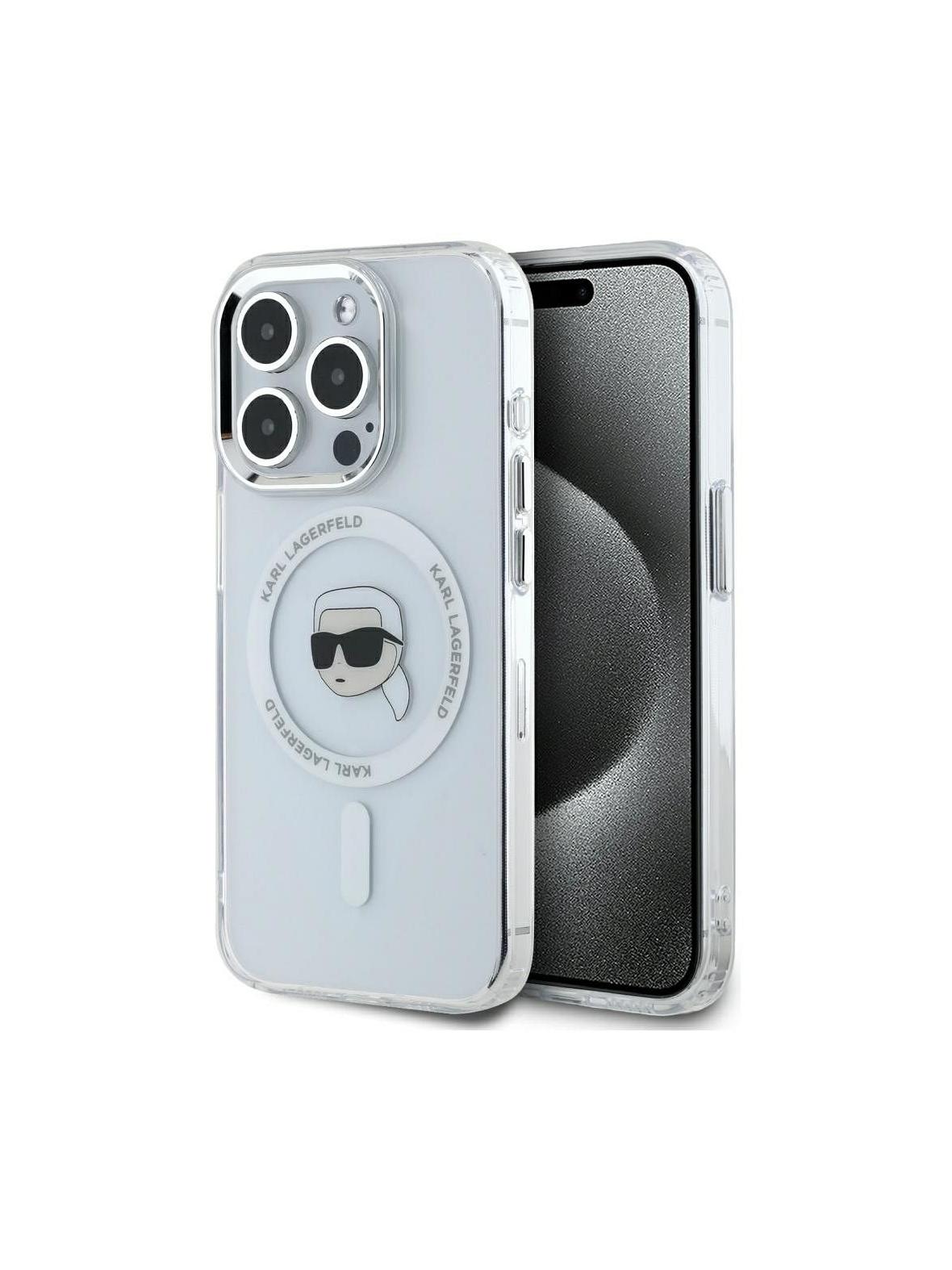 KARL LAGERFELD futerał do IPHONE 15 Pro Max kompatybilny z MagSafe KLHMP15XHLSKIH (IML Metal K Head) biały