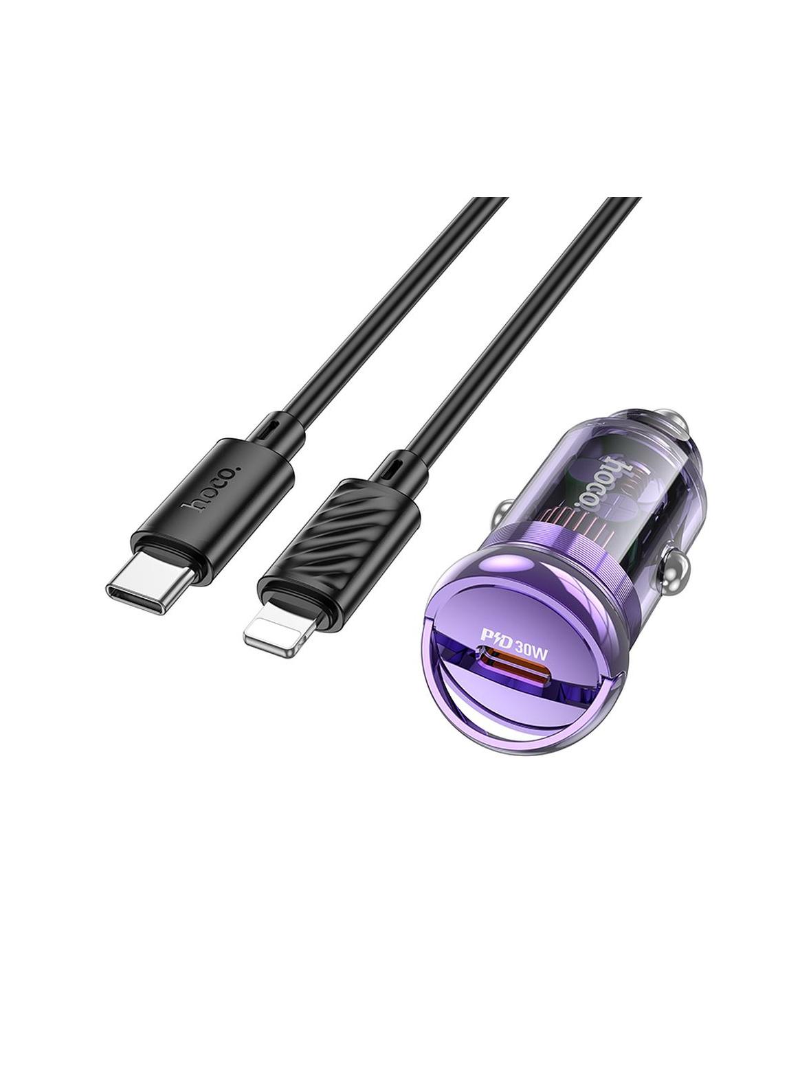 Ładowarka samochodowa Hoco USB C QC3.0 PD 30W + kabel USB C do Lightning Z53 fioletowa