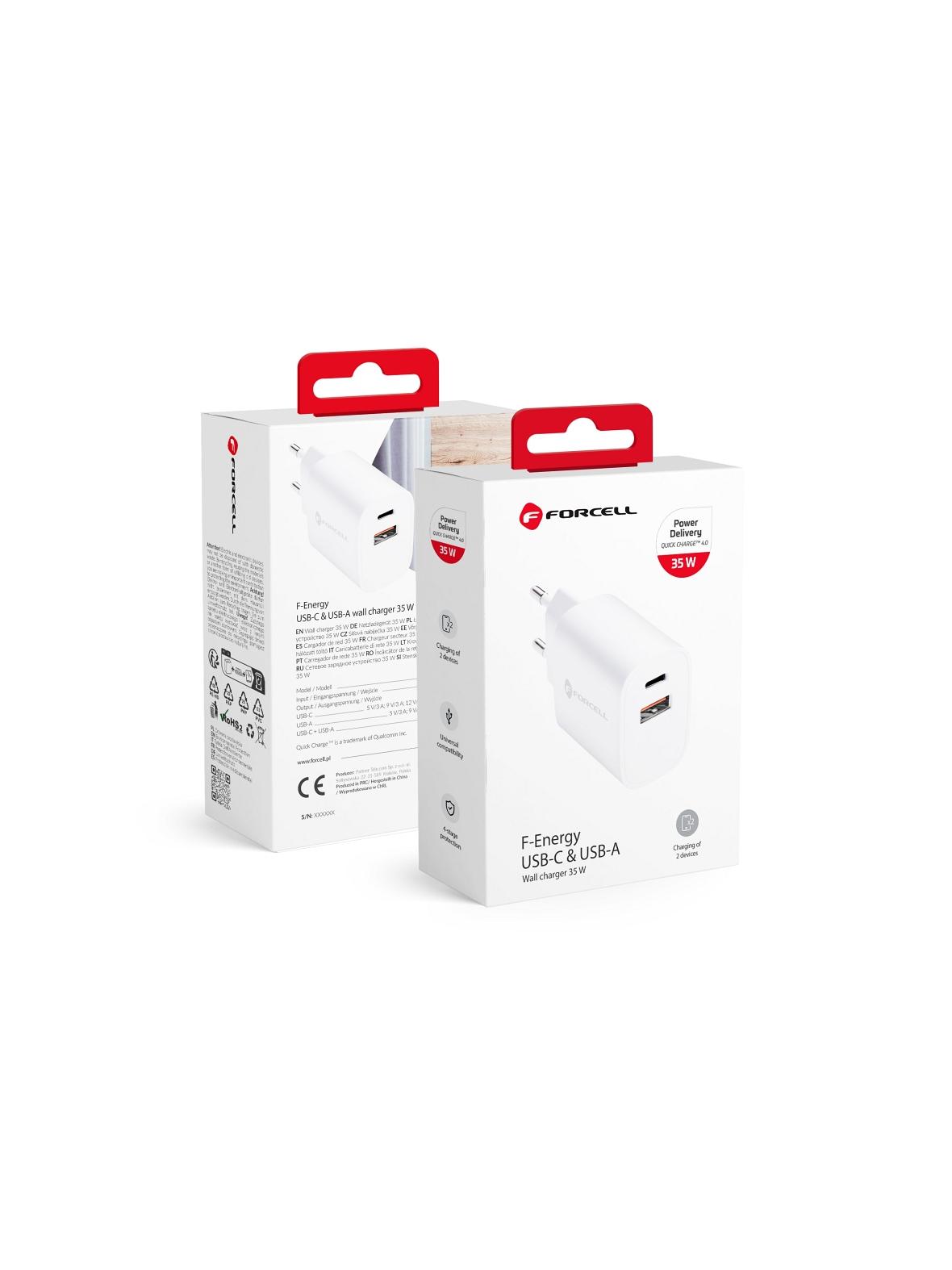 Ładowarka sieciowa do telefonu Forcell F-Energy USB C + USB A QC4.0 PD 3A 35W TFK-TC-35WPD biała