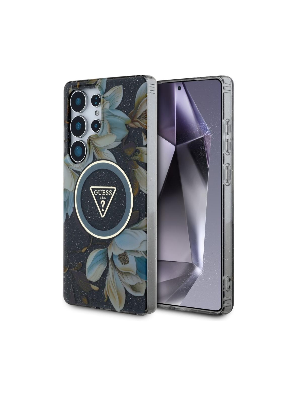 GUESS futerał do SAMSUNG S25 Ultra GUHMS25LHFLPEDK (Magnetic IML Metal Glitter Flowers Triangle) czarny