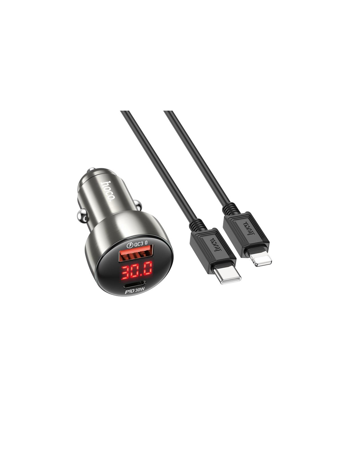 Ładowarka samochodowa Hoco USB A + USB C QC3.0 PD 3A 48W z wyświetlaczem + kabel USB C do Lightning Z50 metal szary