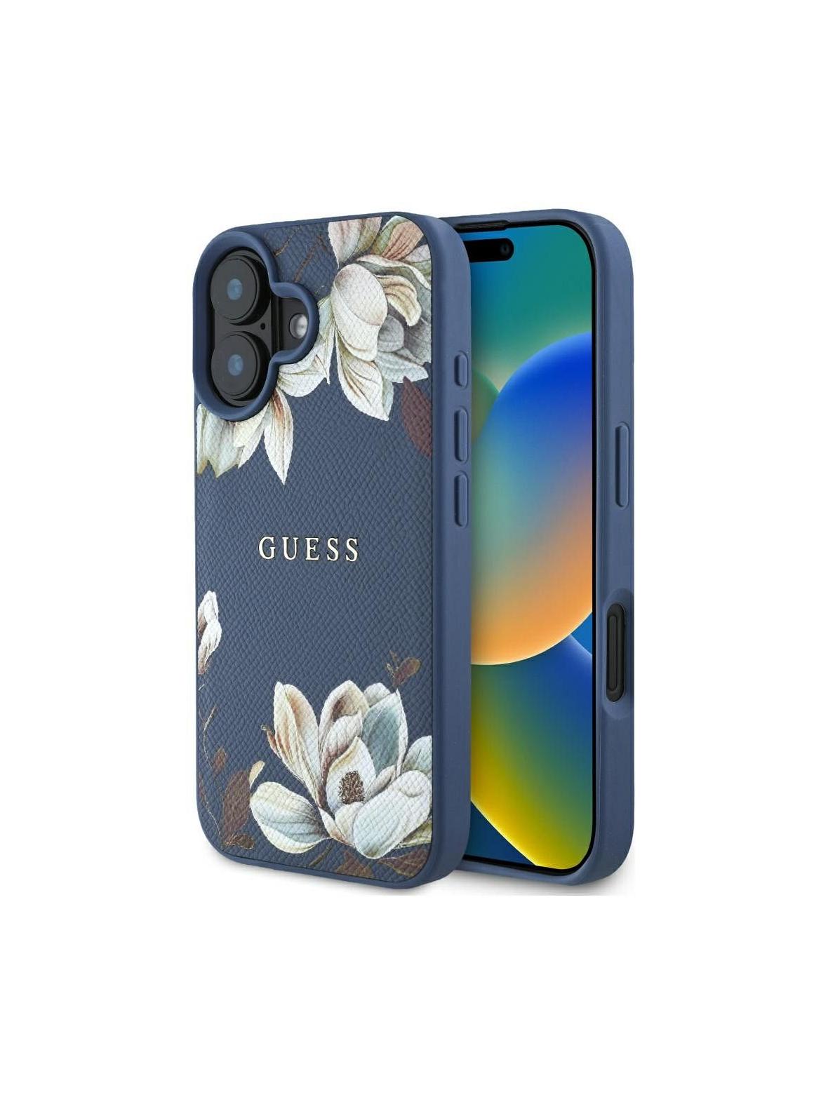 GUESS futerał do IPHONE 16 kompatybilny z MagSafe GUHMP16SPGNMPLMB (PU Grained Flowers Classic Logo) niebieski
