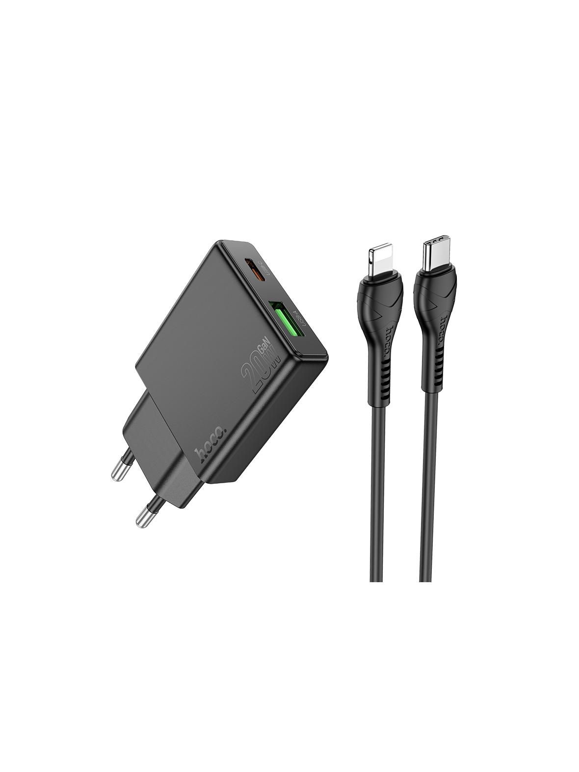 Ładowarka sieciowa do telefonu Hoco Slim USB A + USB C QC3.0 PD 3A 20W + kabel USB C do Lightning N38 czarna
