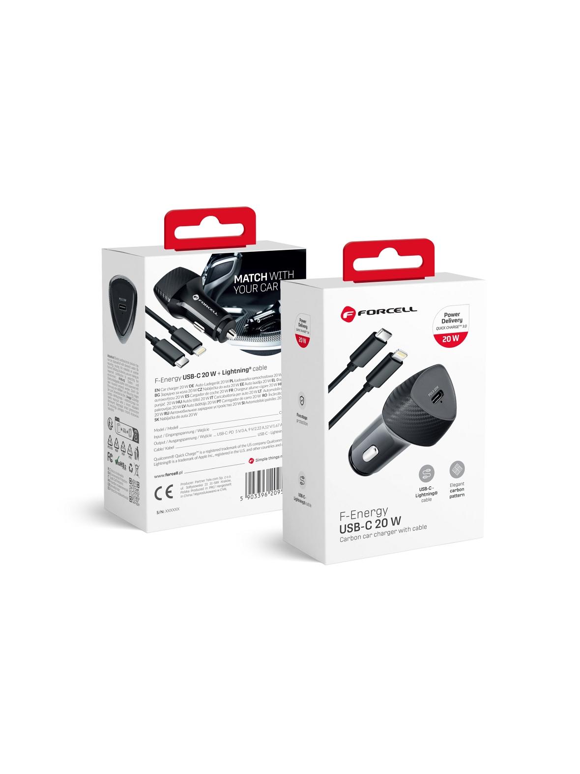 Ładowarka samochodowa Forcell F-Energy Carbon USB C QC3.0 PD 3A 20W + kabel USB C do Lightning CC50-1C czarna