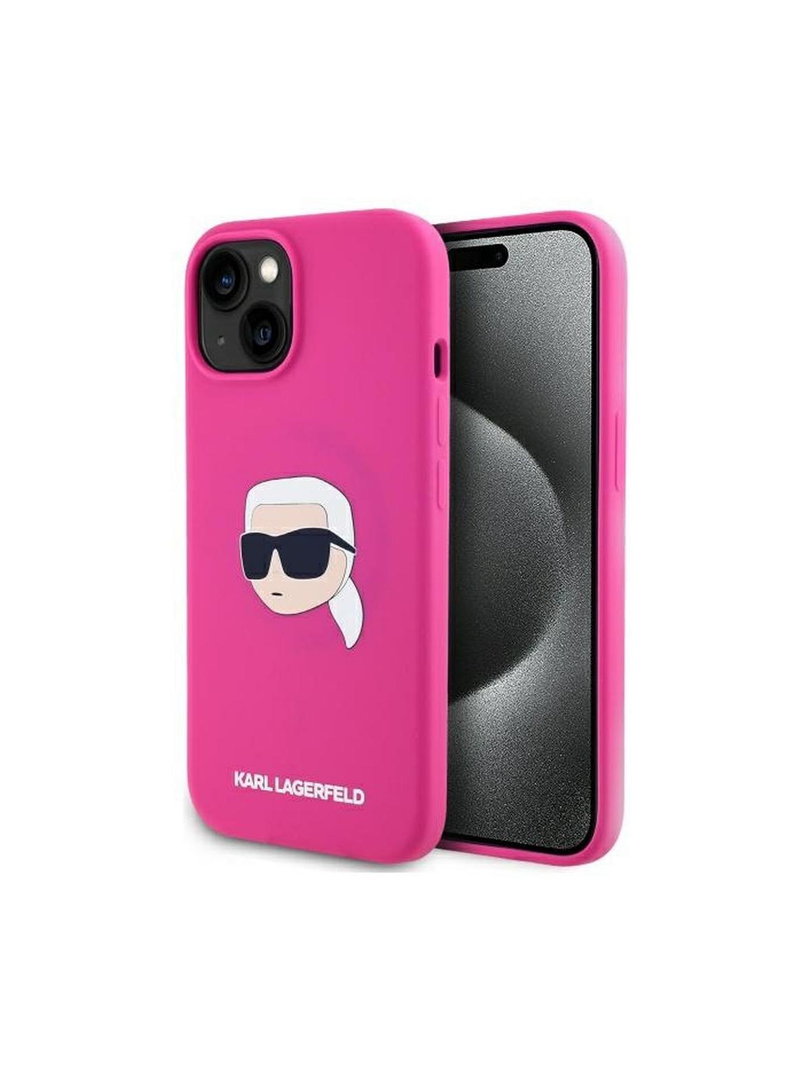 KARL LAGERFELD futerał do IPHONE 15 kompatybilny z MagSafe KLHMP15SSKHPPLF (SIL KL Head Print) fuschia
