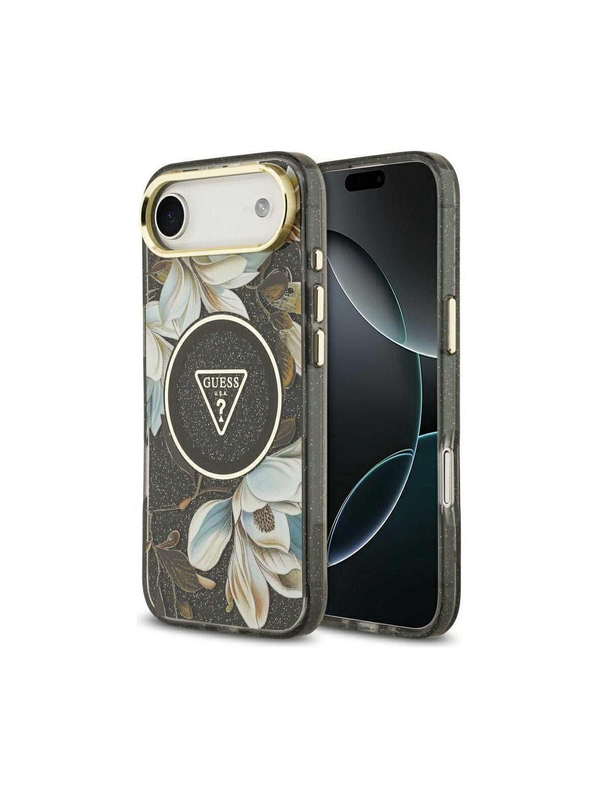 GUESS futerał do IPHONE 17 Air kompatybilny z MagSafe GUHMP17MHFLPEDK (IML Metal Glitter Flowers Triangle) czarny