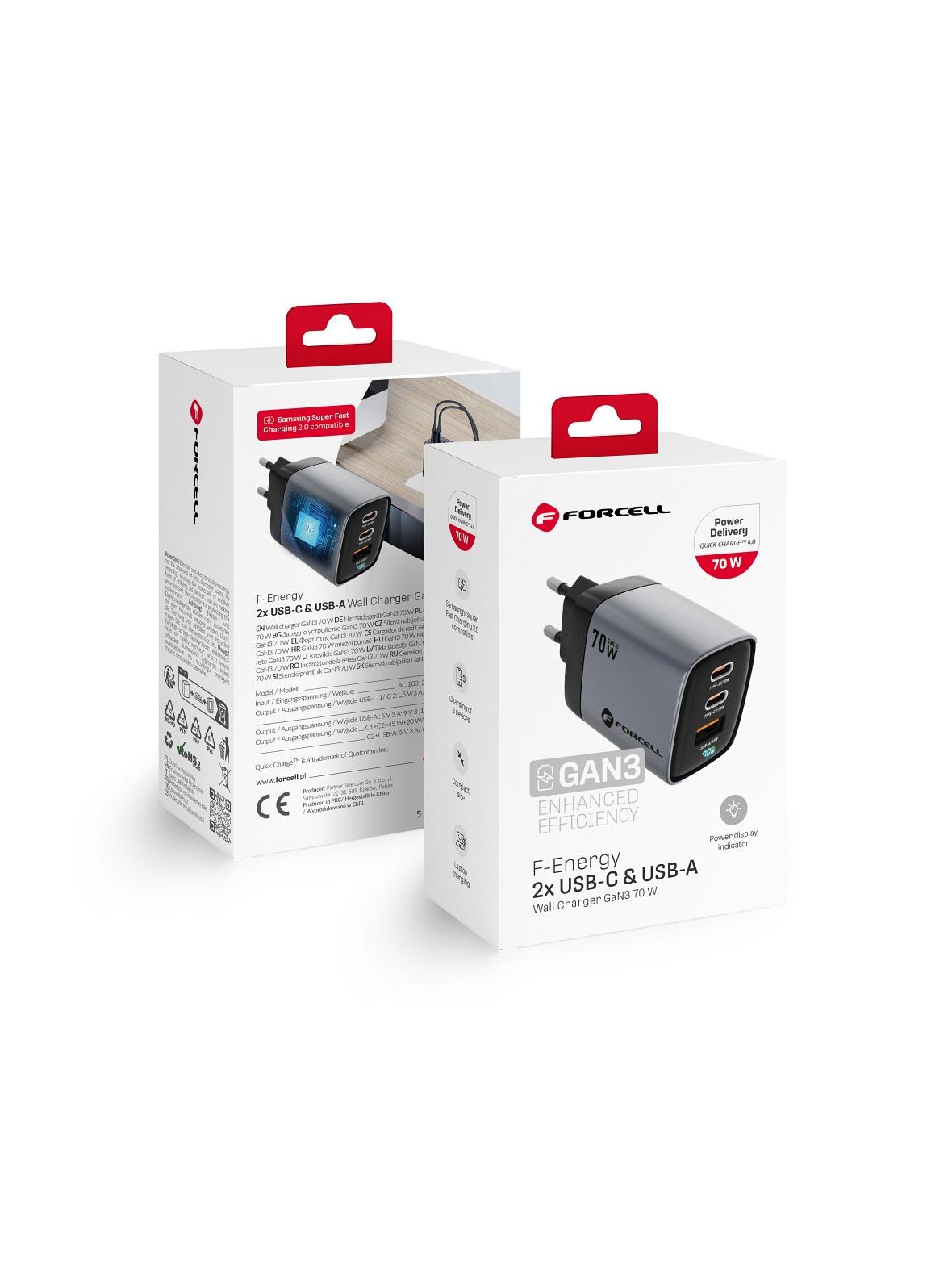 Ładowarka sieciowa do telefonu Forcell F-Energy GaN III 2 x USB C + USB A QC4.0 3,45A PD 70W SAM SFC2.0 z wyświetlaczem LCD VT-37 szara