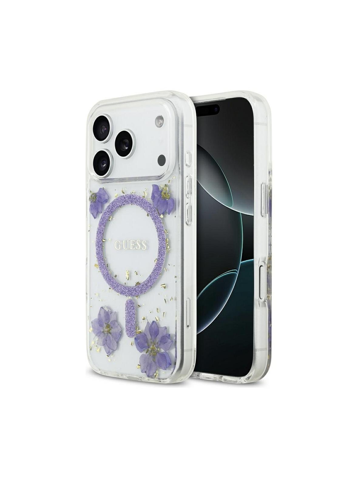 GUESS futerał do IPHONE 17 Pro kompatybilny z MagSafe GUHMP17LRBFGFGMU (Resin Flowers and Glitter) fioletowy