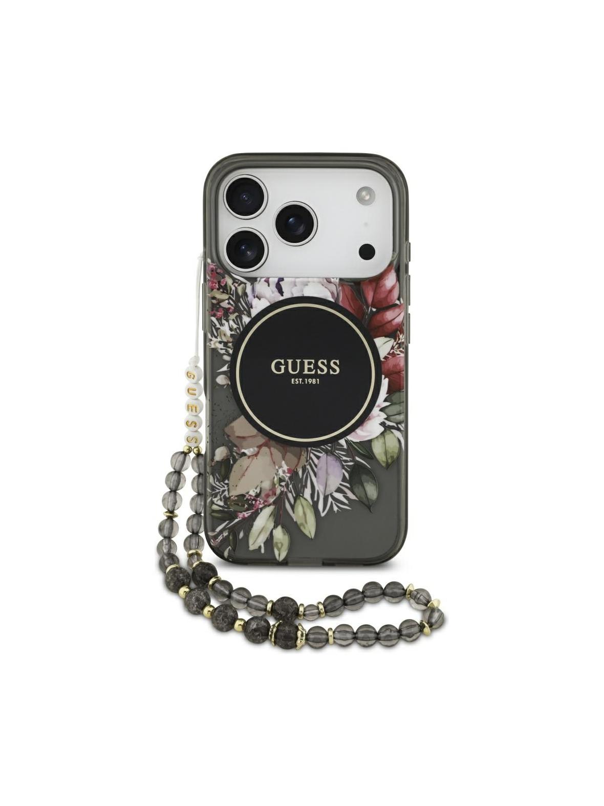 GUESS futerał do IPHONE 17 Pro kompatybilny z MagSafe GUHMP17LHFWBRCESK (IML Flowers with Pearl Strap) czarny