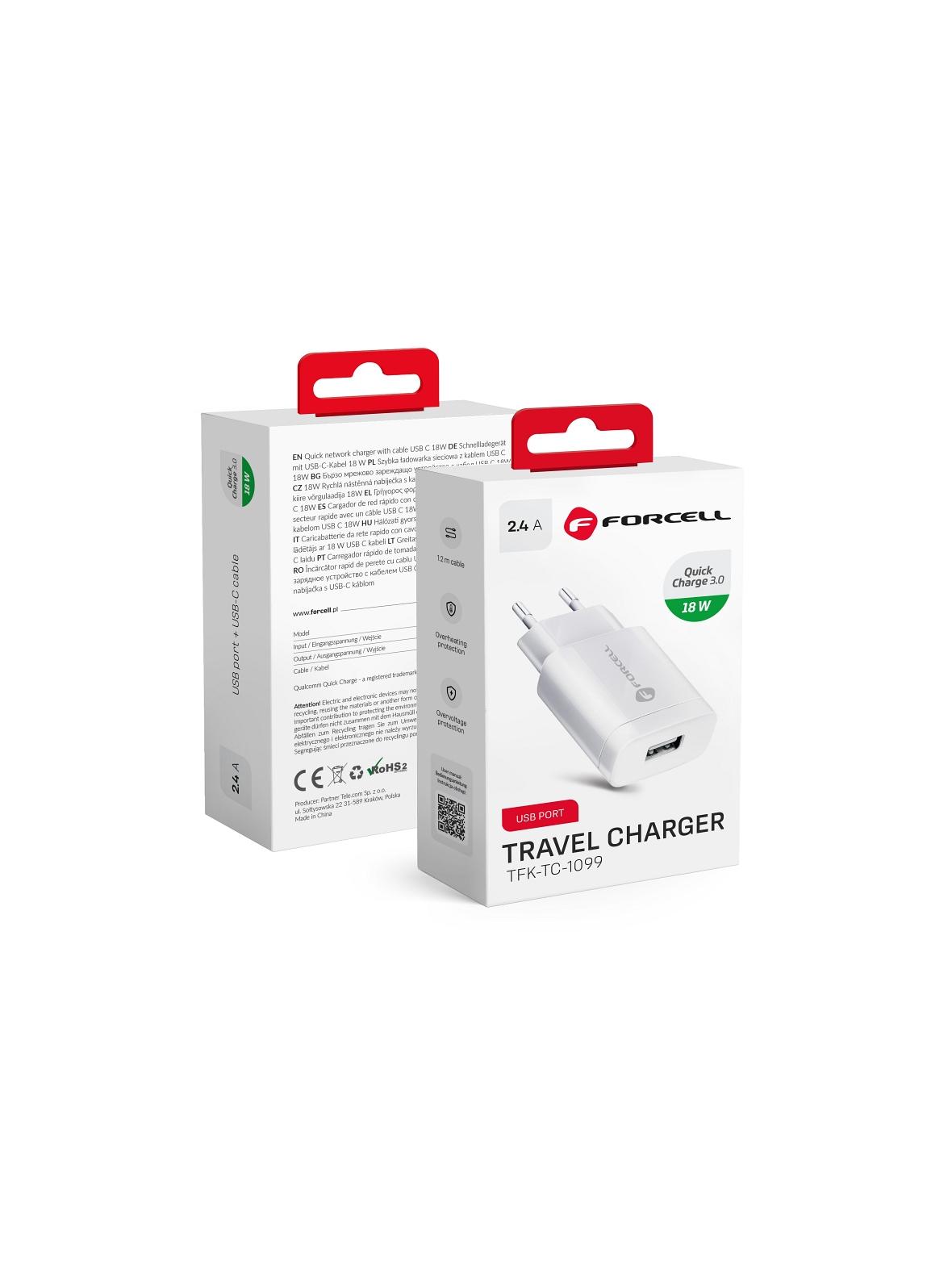 Ładowarka sieciowa do telefonu Forcell F-Energy USB A QC3.0 2,4A 18W TFK-TC-1099 biała