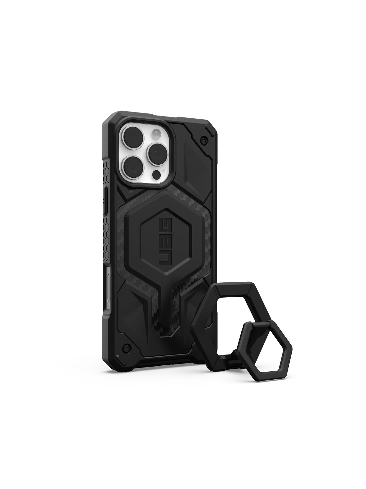 UAG Urban Armor Gear futerał MONARCH PRO kompatybilny z MagSafe oraz podstawka Magnetic Ring Stand do IPHONE 16 Pro Max carbon fiber / black