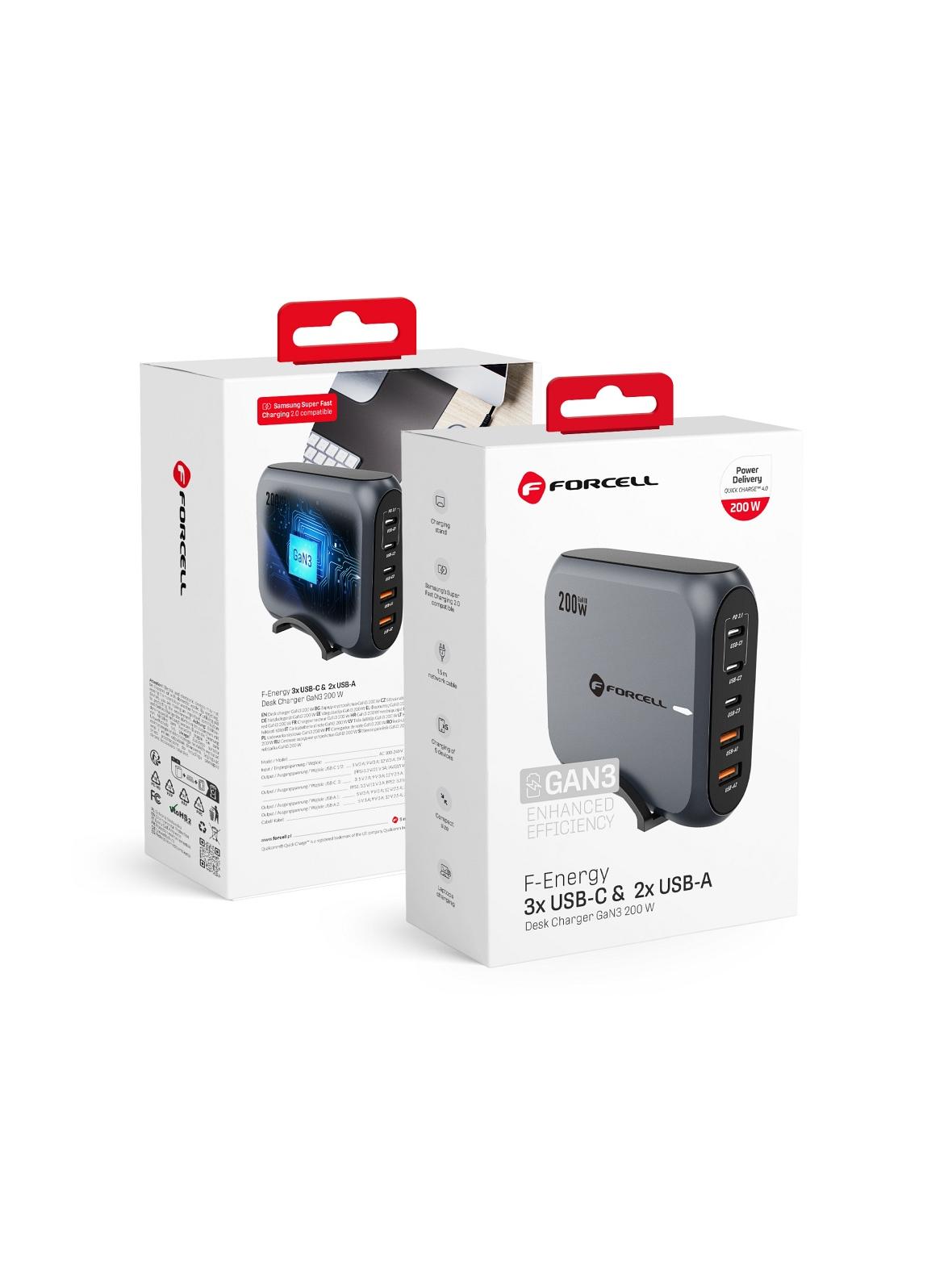 Ładowarka biurkowa Forcell F-Energy GaN III 3 x USB C + 2 x USB A QC4.0 PD 5A 200W VT-51 szara