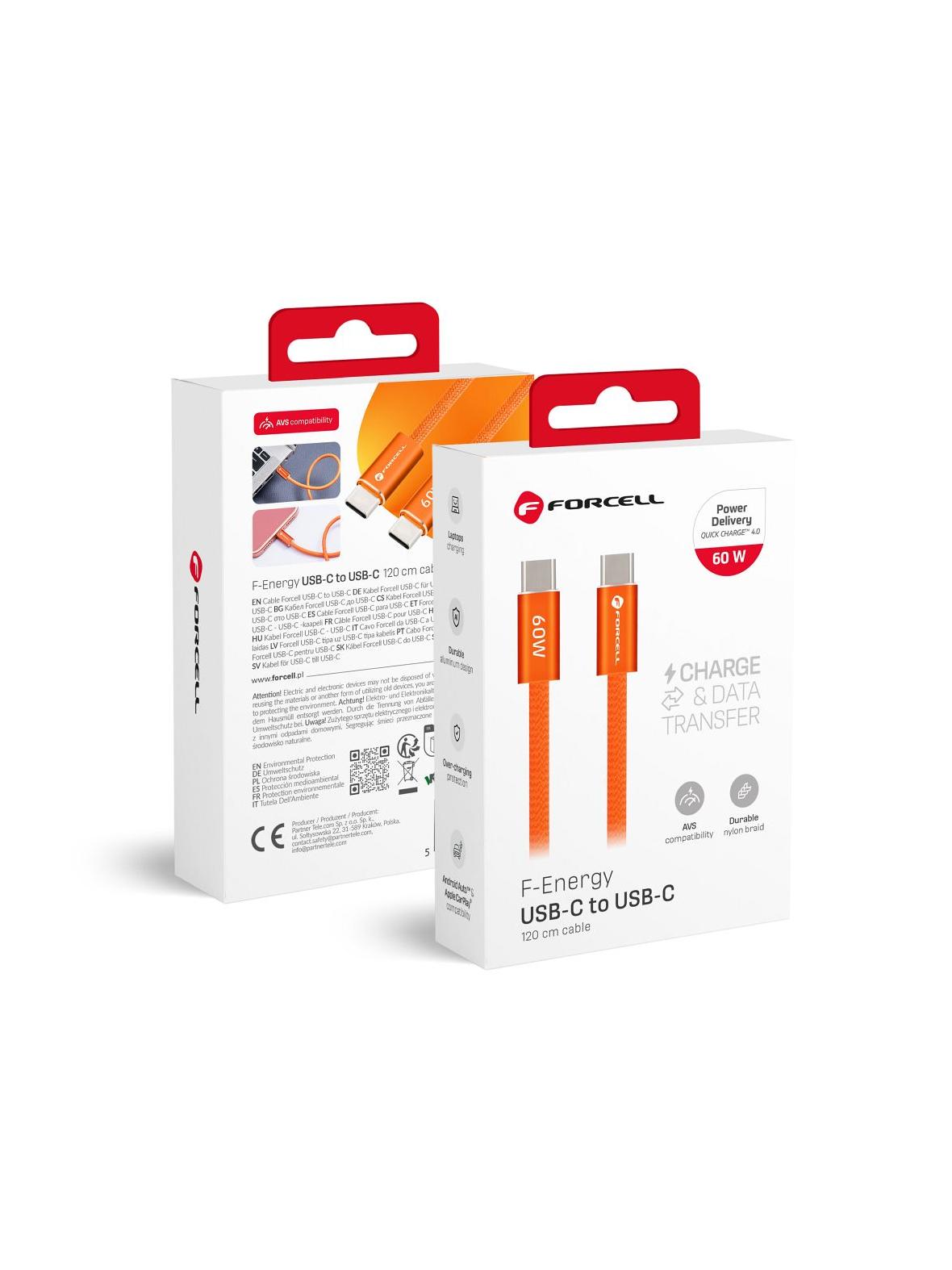 Kabel USB C do USB C Forcell F-Energy QC4.0 PD 3A 60W Cafule Color 1,2 m ACYH23 pomarańczowy