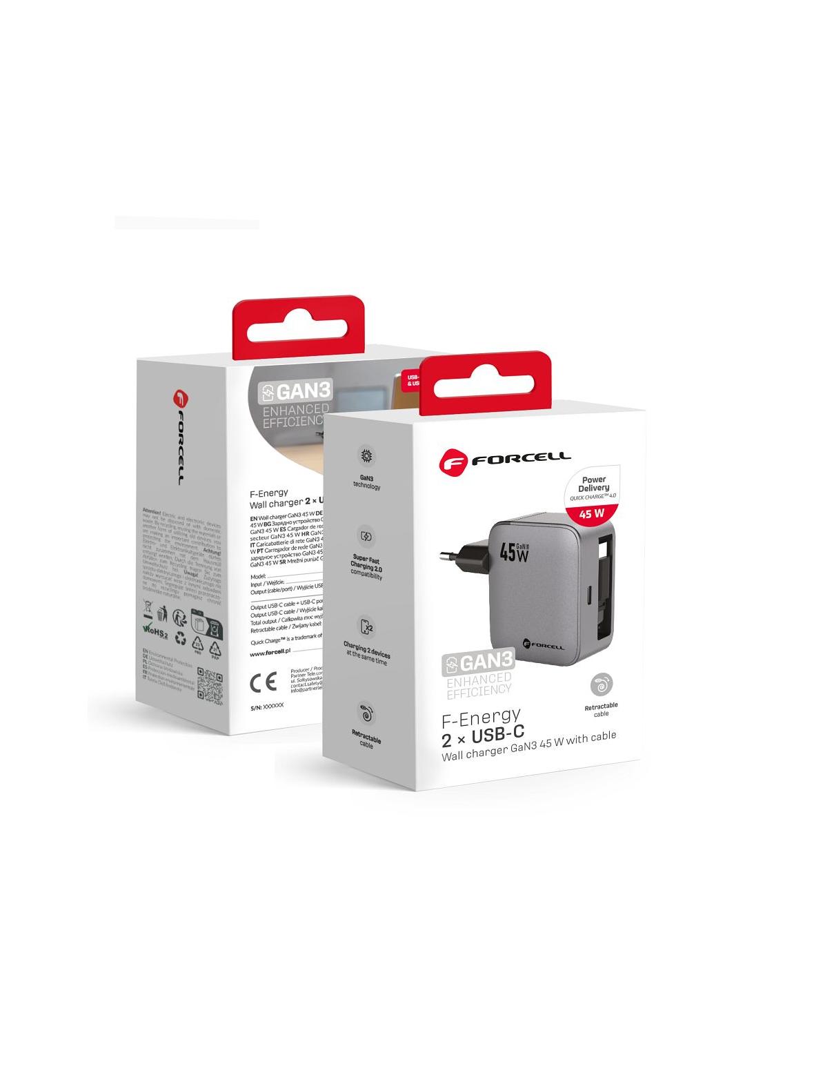 Ładowarka sieciowa do telefonu Forcell F-Energy GaN USB C + zwijany kabel USB C PD QC4.0 3A 45W VT-R5 szara