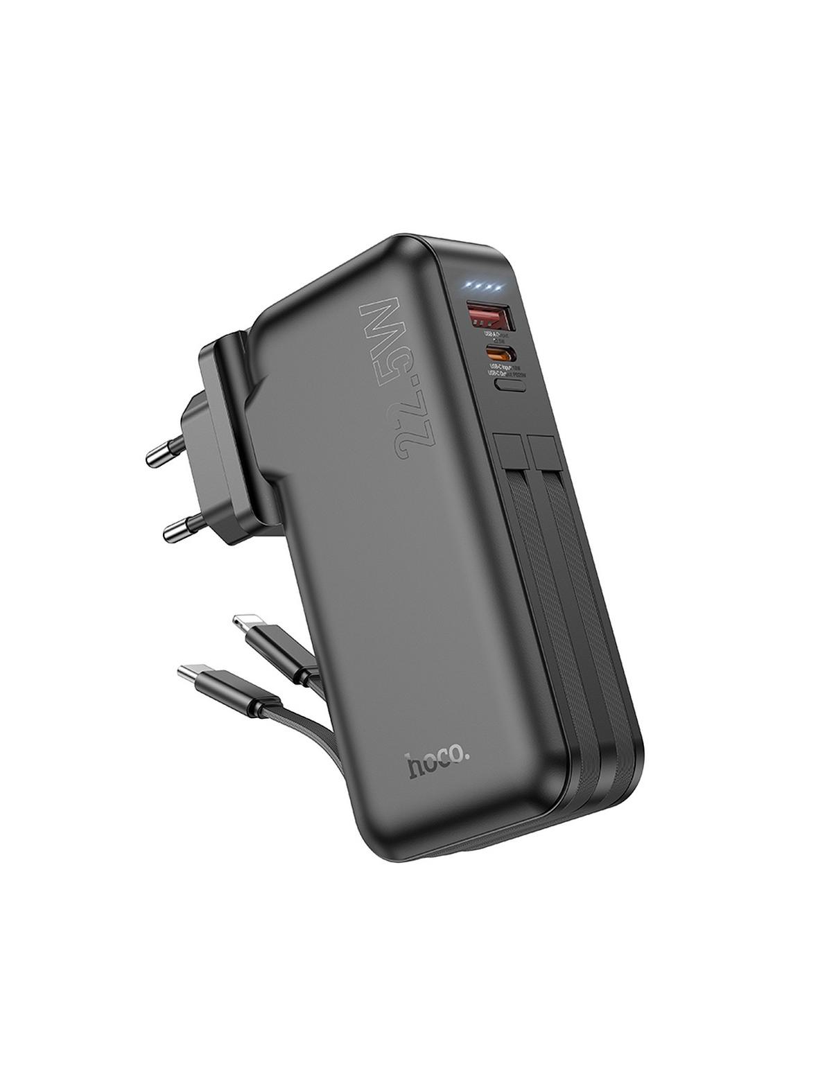 Powerbank Hoco 10000 mAh QC PD 3A 22,5W z wbudowanym gniazdem EU / US i kablami USB C + Lightning J126 czarny