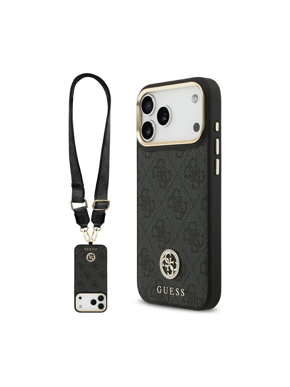 GUESS futerał do IPHONE 17 Pro Max kompatybilny z MagSafe GUHMP17XP4G4DCSK (PU W/ Strass Logo & Big Strap Metal Buttons) czarny