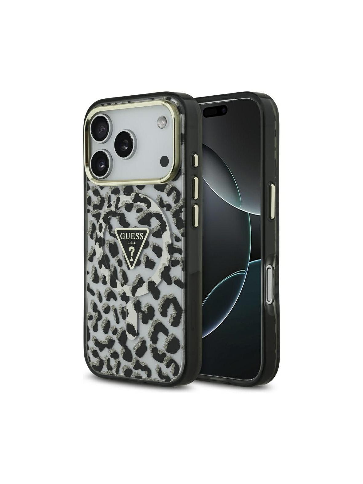 GUESS futerał do IPHONE 17 Pro Max kompatybilny z MagSafe GUHMP17XHLEGTGLK (PC TPU W/ Leopard Glitter) czarny