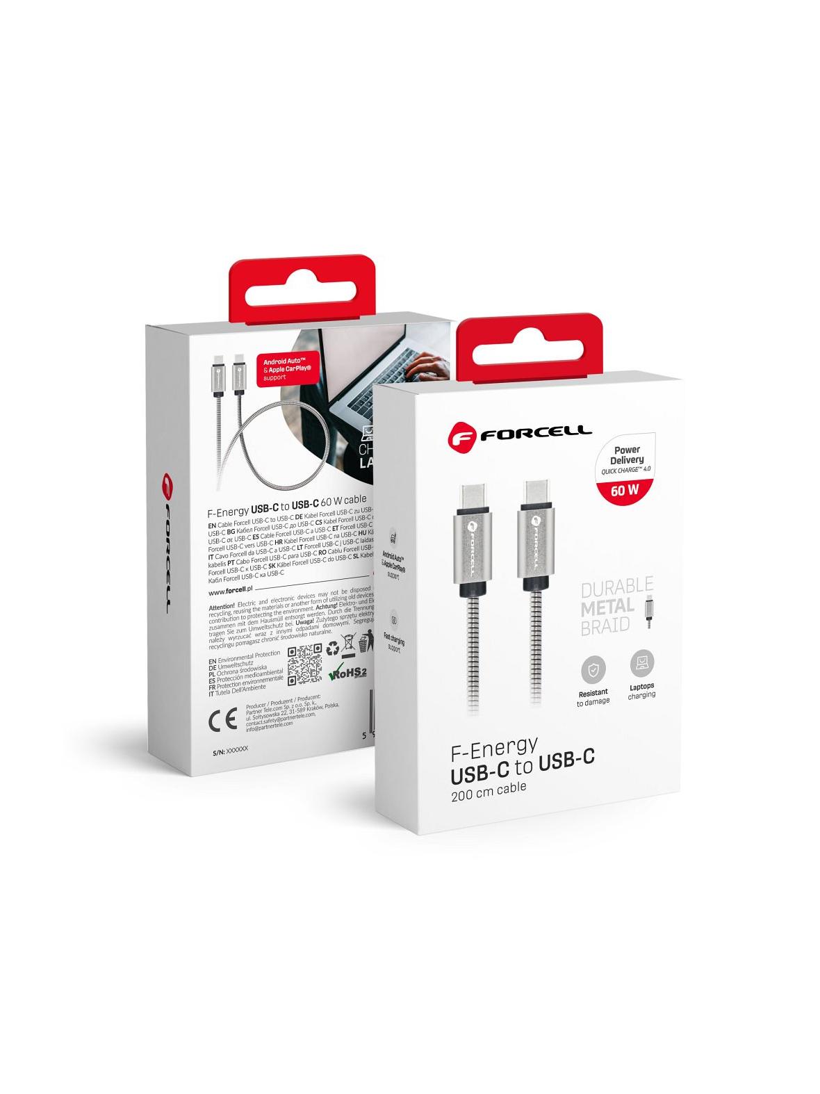 Kabel USB C do USB C Forcell F-Energy QC4.0 PD 3A 66W Metal 2 m C237 srebrny