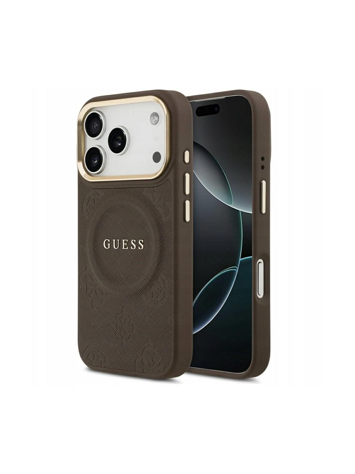 GUESS futerał do IPHONE 17 Pro kompatybilny z MagSafe GUHMP17LPSAMSECW (PU W/ Peony Hot Stamp) brązowy