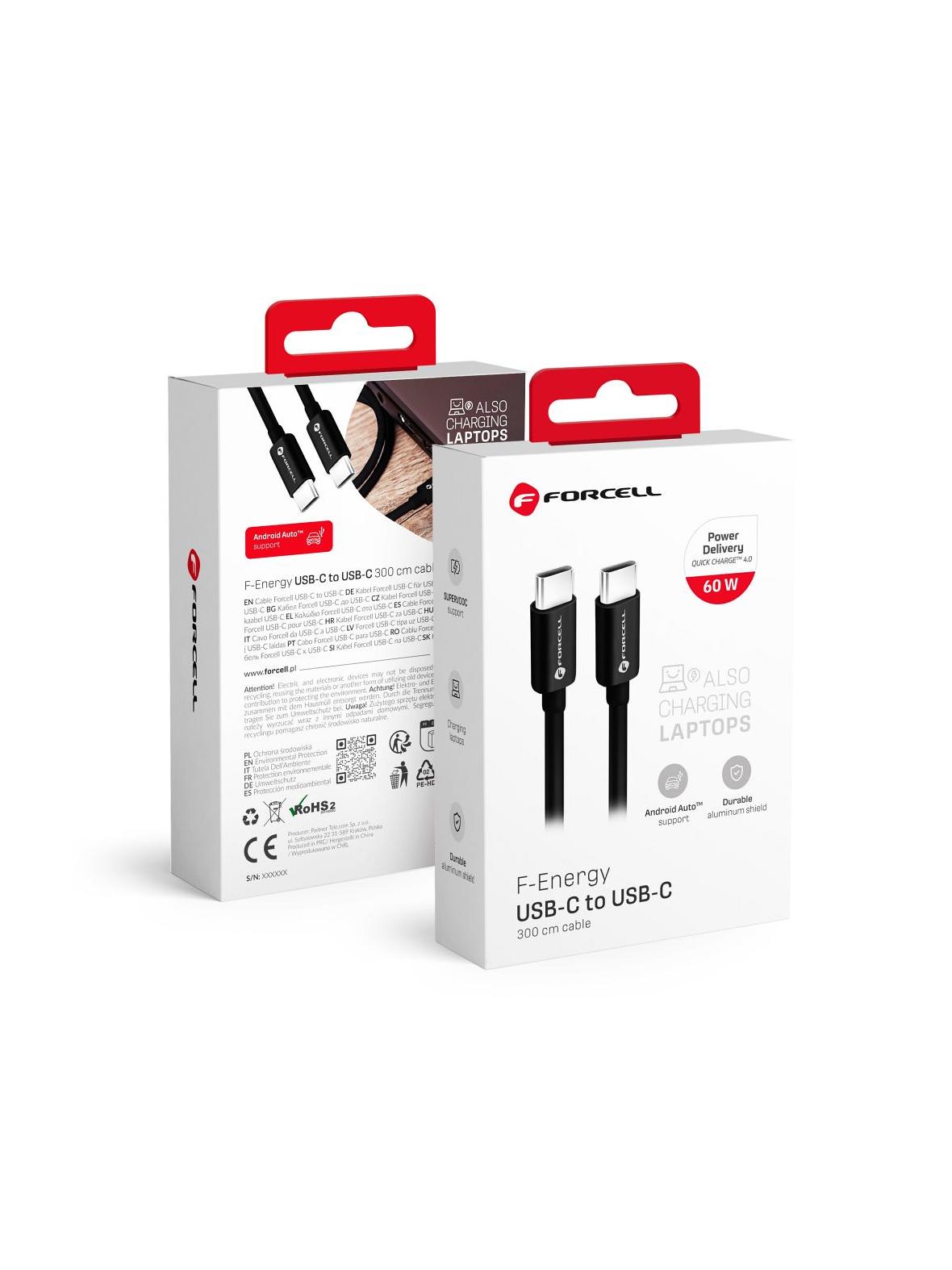 Kabel USB C do USB C Forcell F-Energy QC4.0 PD 3A 60W 3 m C338 czarny