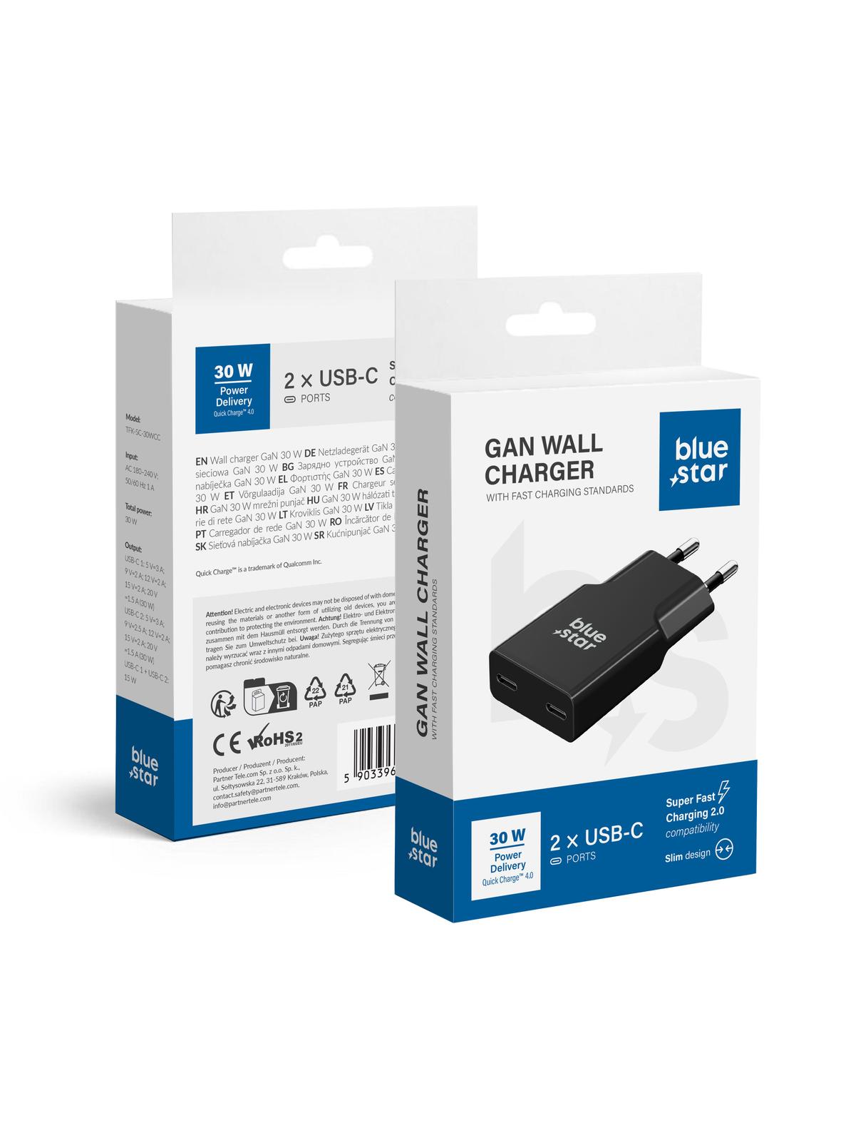 Ładowarka sieciowa do telefonu Blue Star Slim GaN 2 x USB C QC4.0 PD 3A 30W TFK-SC-30WCC czarna