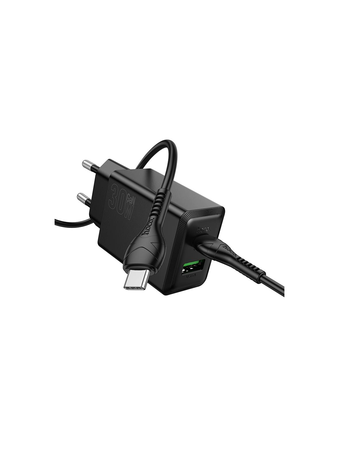 Ładowarka sieciowa do telefonu Hoco USB A + USB C QC3.0 PS AFC 3A 30W + kabel USB C do USB C N71 czarna
