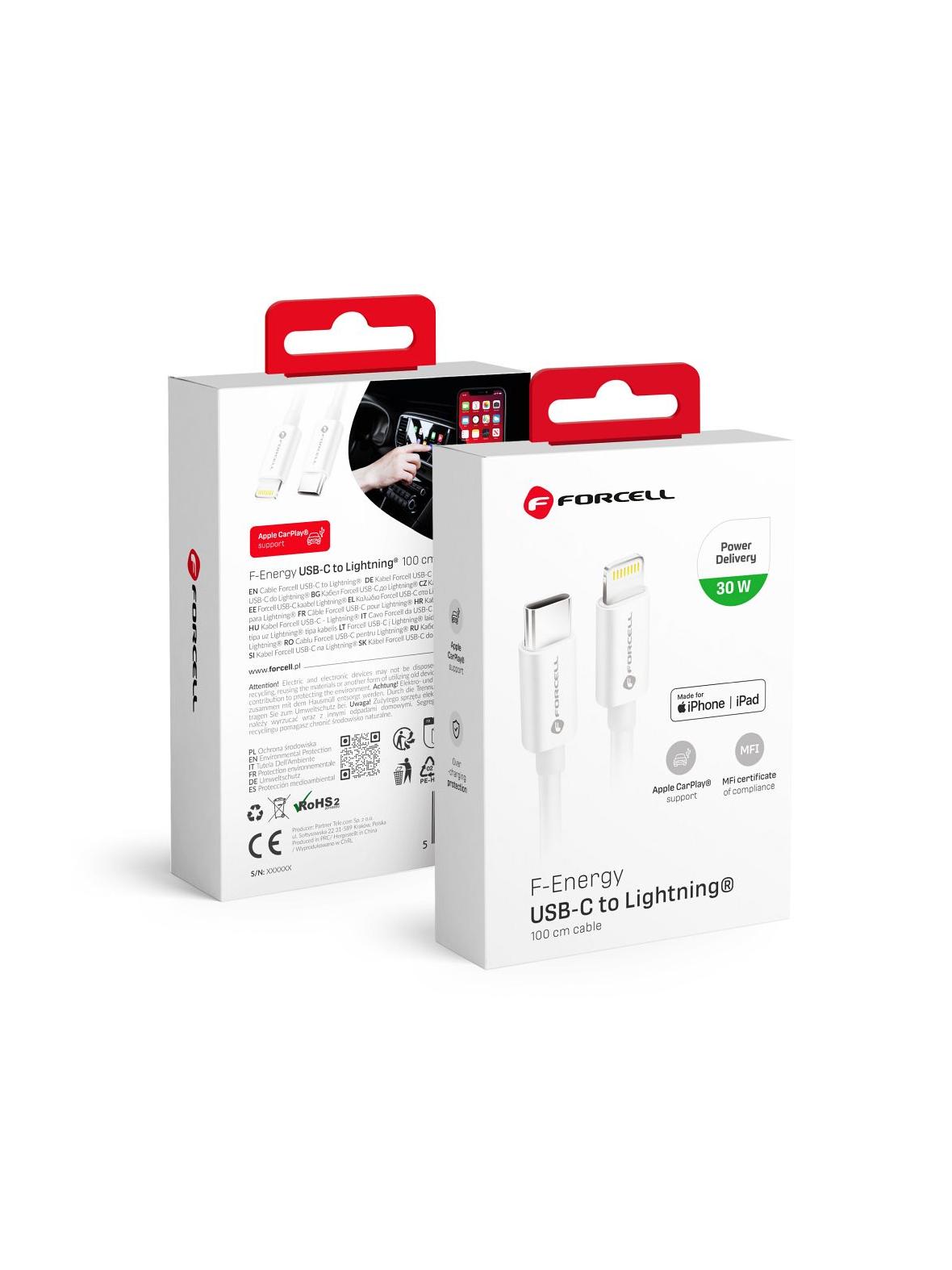 Kabel USB C do Lightning Forcell F-Energy MFi PD 3A 30W 1 m C901 biały