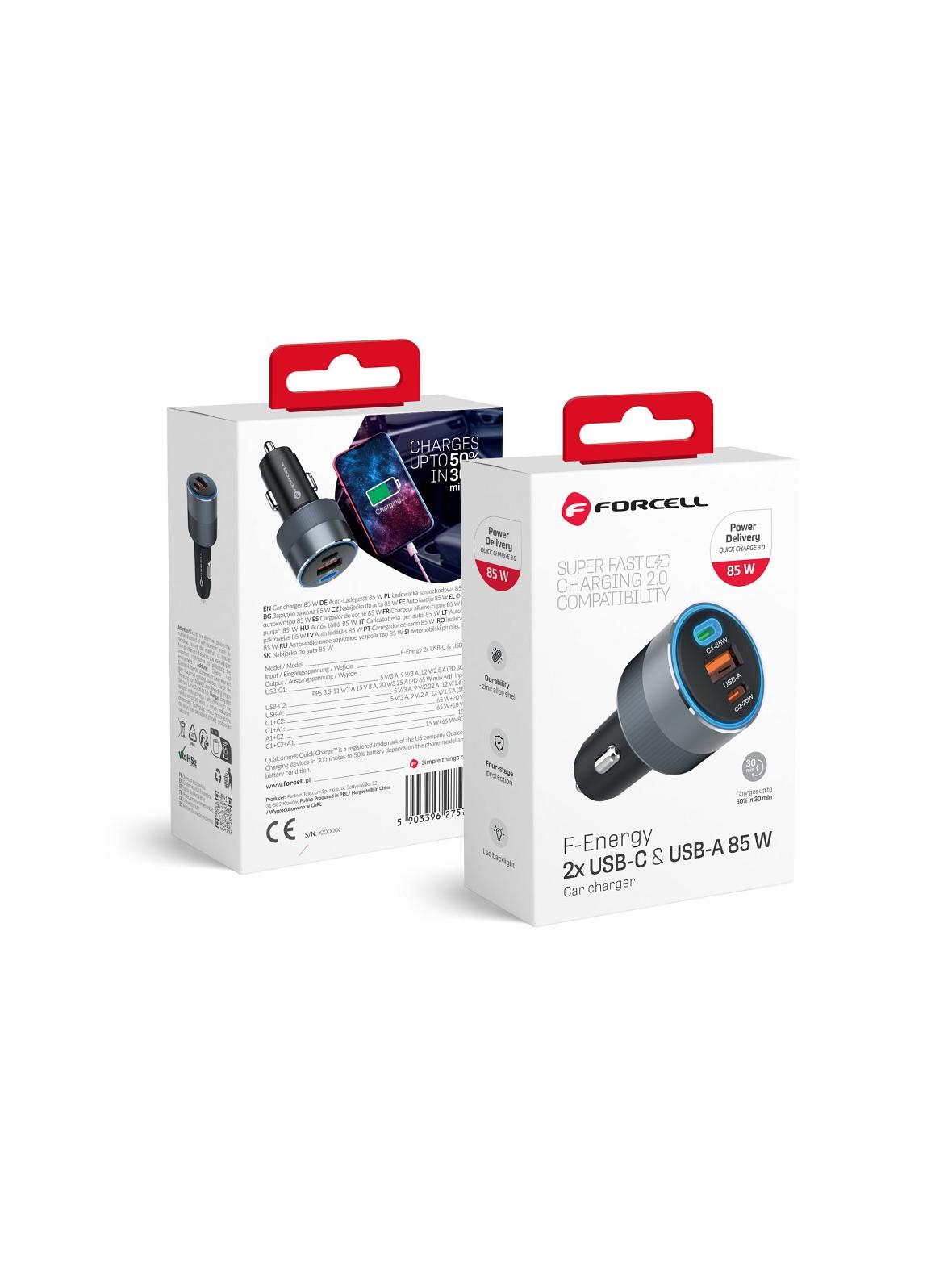 Ładowarka samochodowa Forcell F-Energy Alu 2 x USB C + USB A QC4.0 PD SFC2.0 3A 85W szara
