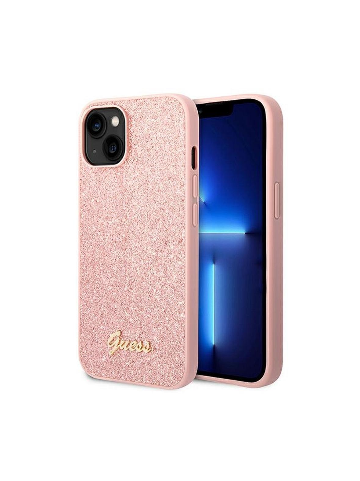 GUESS futerał do IPHONE 14 Plus GUHCP14MHGGSHP (Glitter Flakes Script Metal Logo) różowy