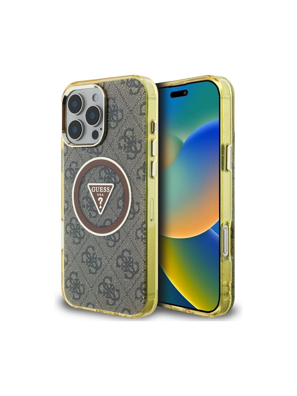 GUESS futerał do IPHONE 16 Pro Max kompatybilny z MagSafe GUHMP16XHG4PRTGW (IML Metal Glitter 4G Circle Triangle) brązowy