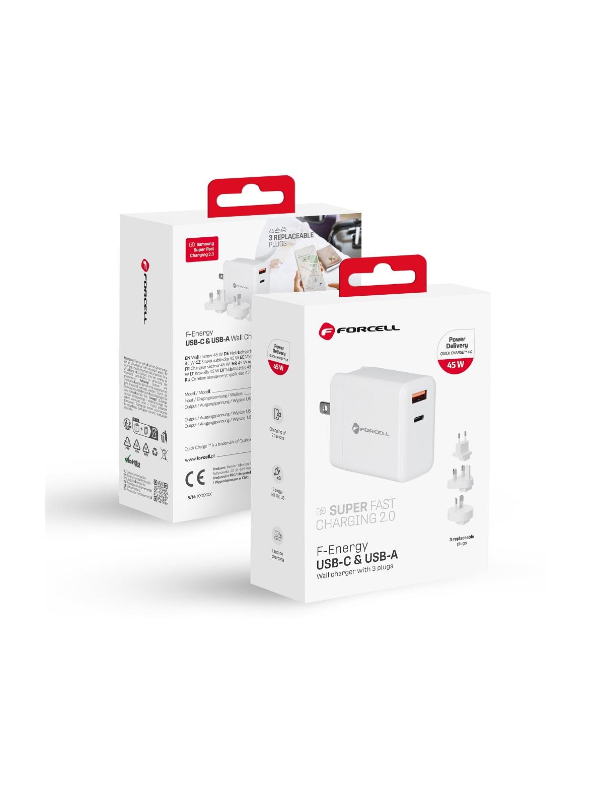 Ładowarka sieciowa do telefonu Forcell F-Energy 3w1 USB C + USB A QC4.0 PD 3A 45W z trzema wymiennymi wtyczkami (EU / UK / US) TFK-TC-45WPDAC biała