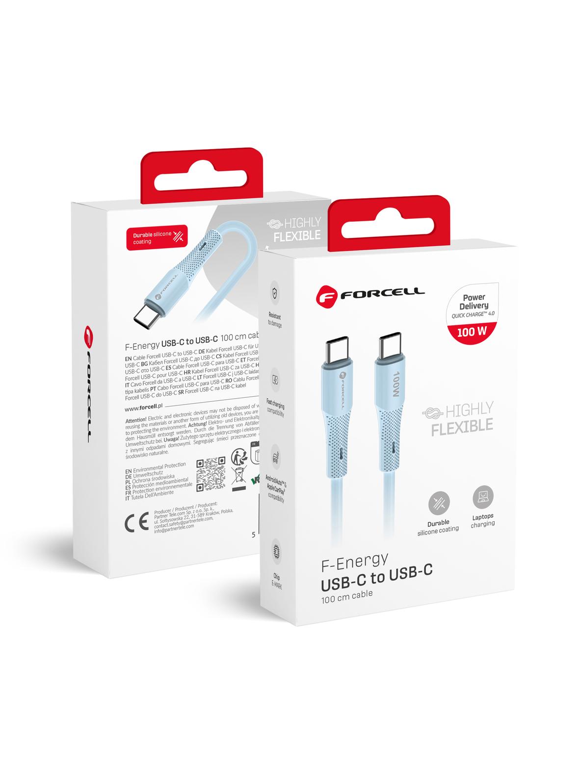 Kabel USB C do USB C Forcell F-Energy QC4.0 PD 5A 100W Silicone 1 m C347 niebieski