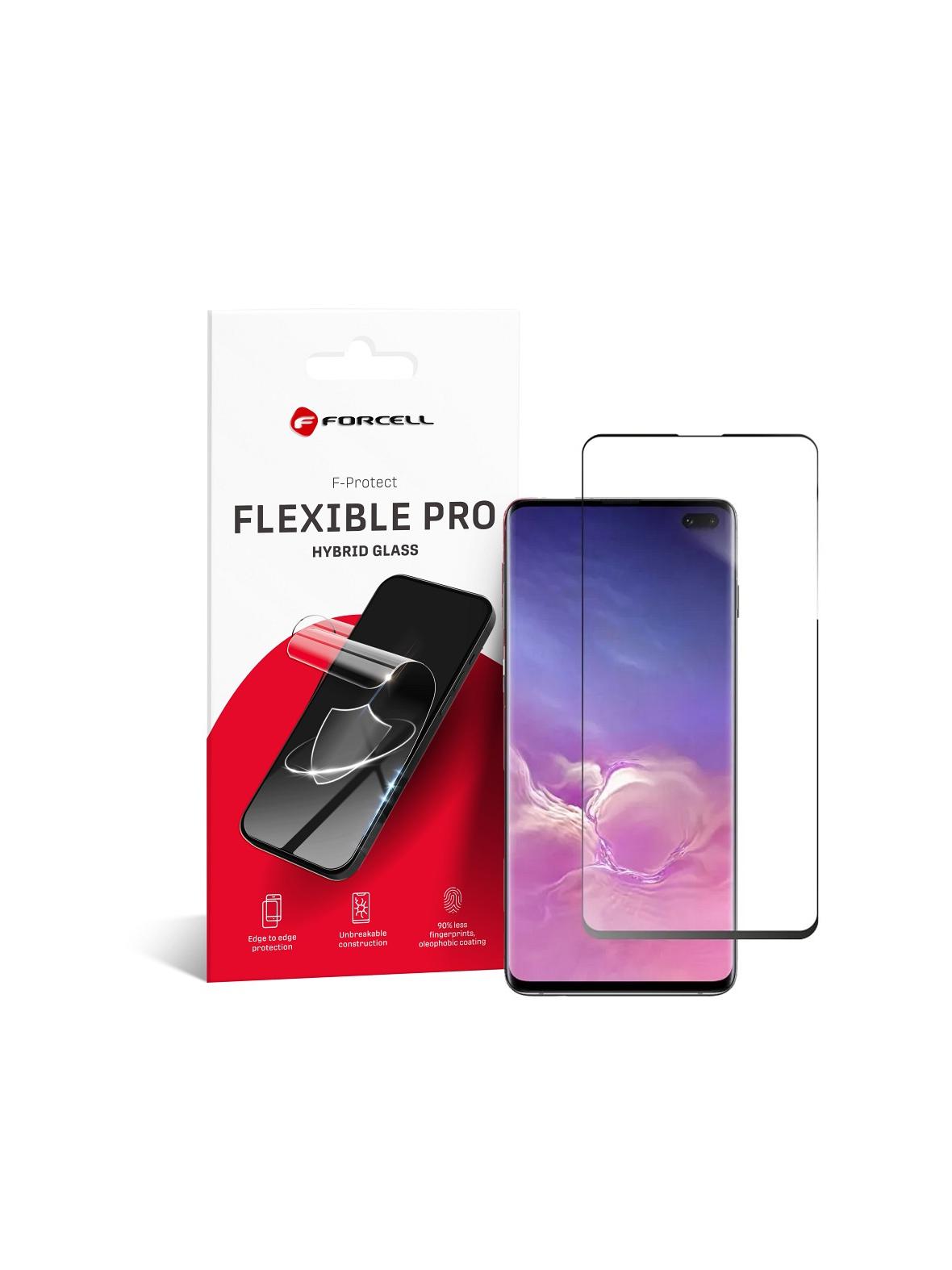Szkło hybrydowe do Samsung S10 PLUS Forcell Flexible 5D czarne (Hot Bending) - działający czytnik