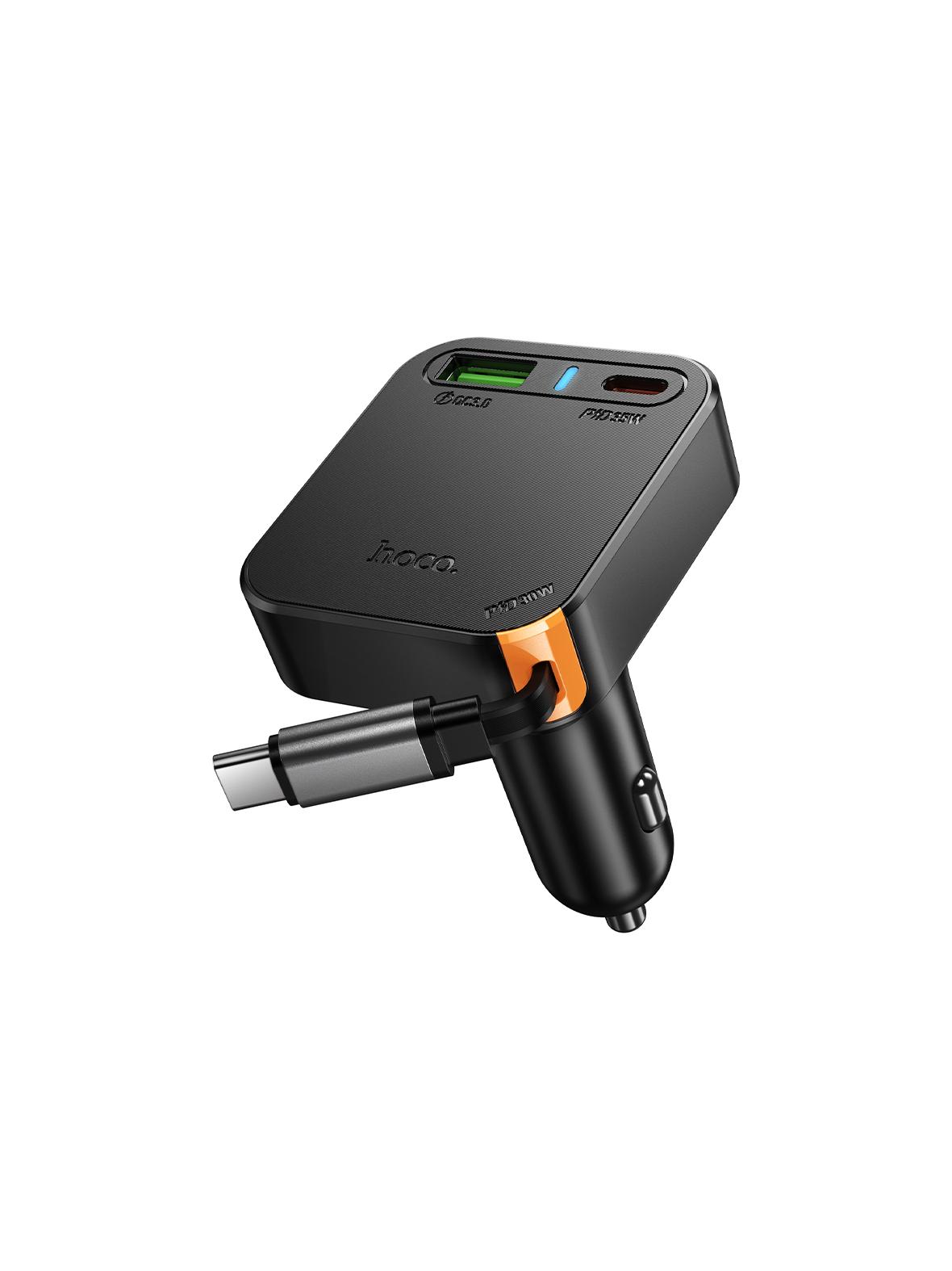 Ładowarka samochodowa Hoco ze zwijanym kablem 2 x USB C + USB A QC PD 65W NZ18 czarna