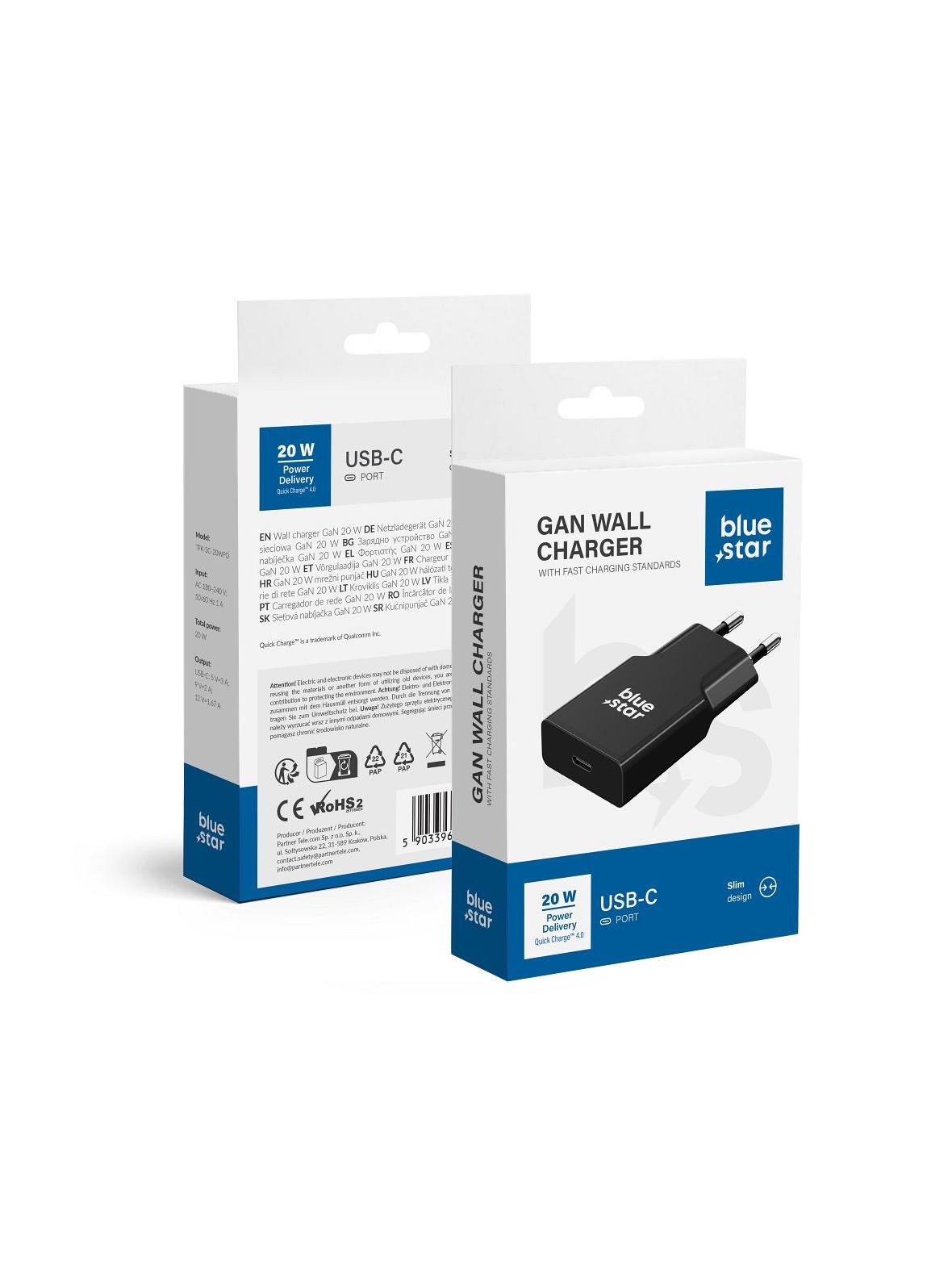 Ładowarka sieciowa do telefonu Blue Star Slim GaN USB QC4.0 PD 3A 20W TFK-SC-20WPD czarna