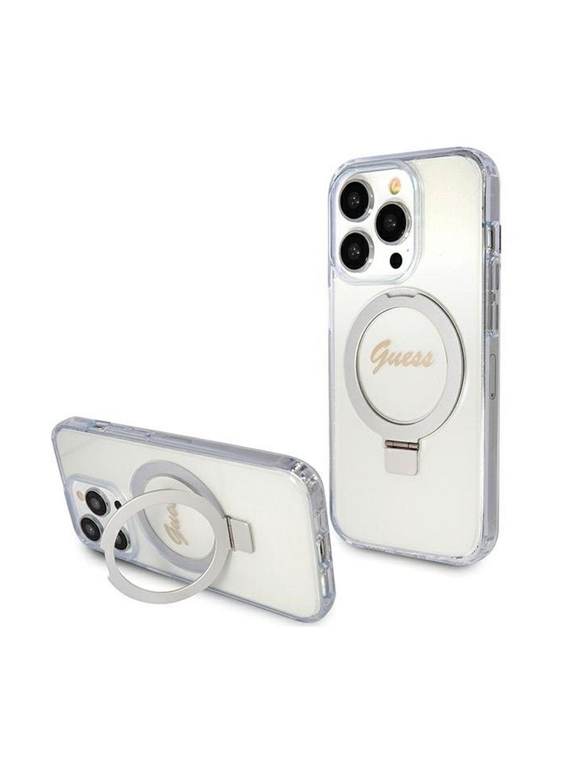 GUESS futerał do IPHONE 15 Pro Max kompatybilny z MagSafe GUHMP15XHRSGSD do iPhone 15 Pro Max (Kompatybilny z Magsafe / Glitter Script Logo / Ring stand / transparent)