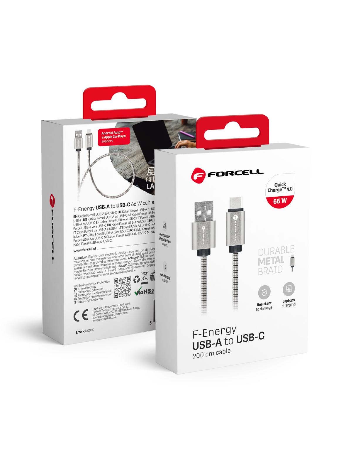 Kabel USB A do USB C Forcell F-Energy QC4.0 3A 66W Metal 2 m C234 srebrny