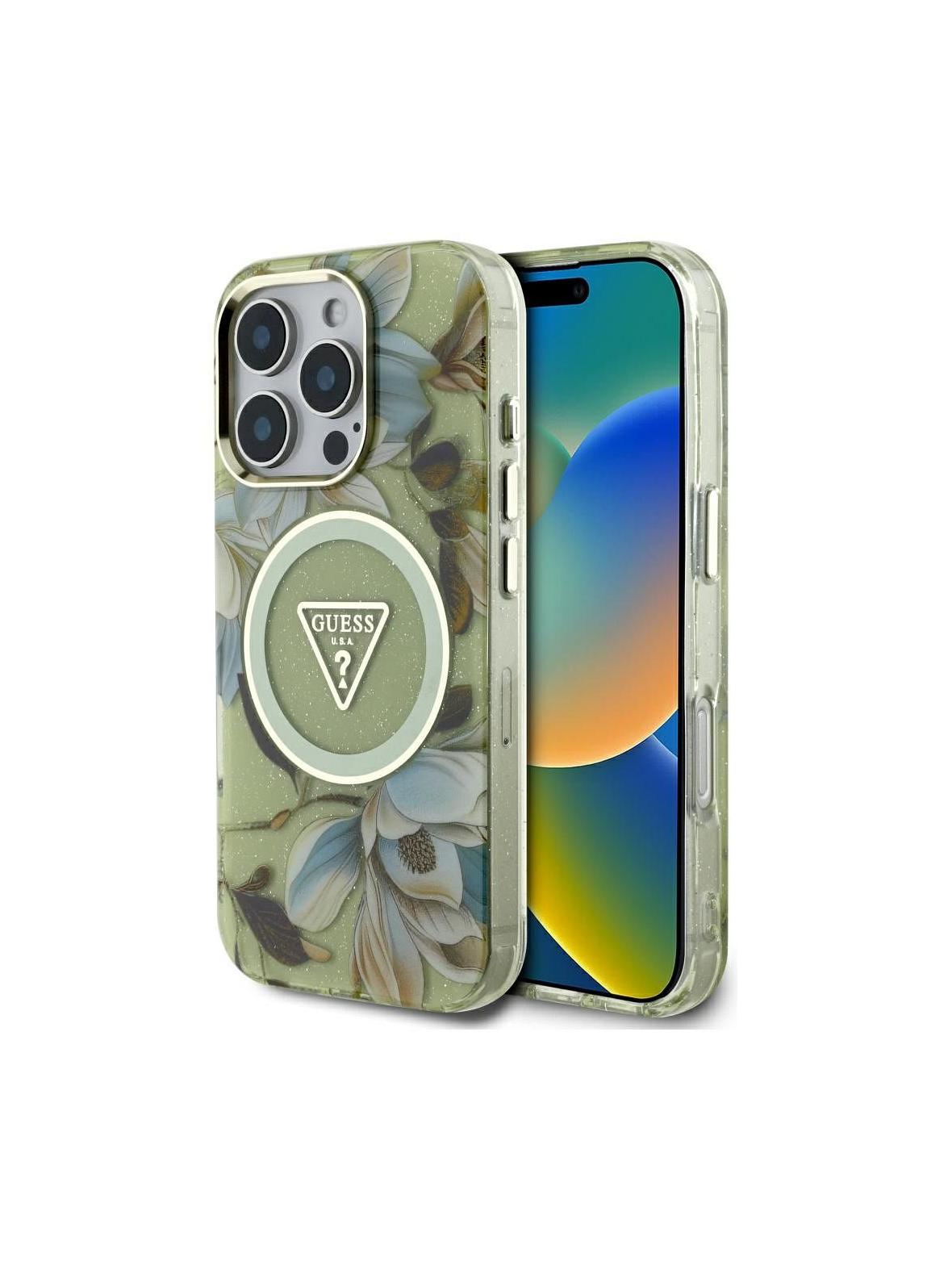 GUESS futerał do IPHONE 16 Pro kompatybyliny z MagSafe GUHMP16LHFLPEDN (IML Metal Glitter Flowers Triangle) zielony
