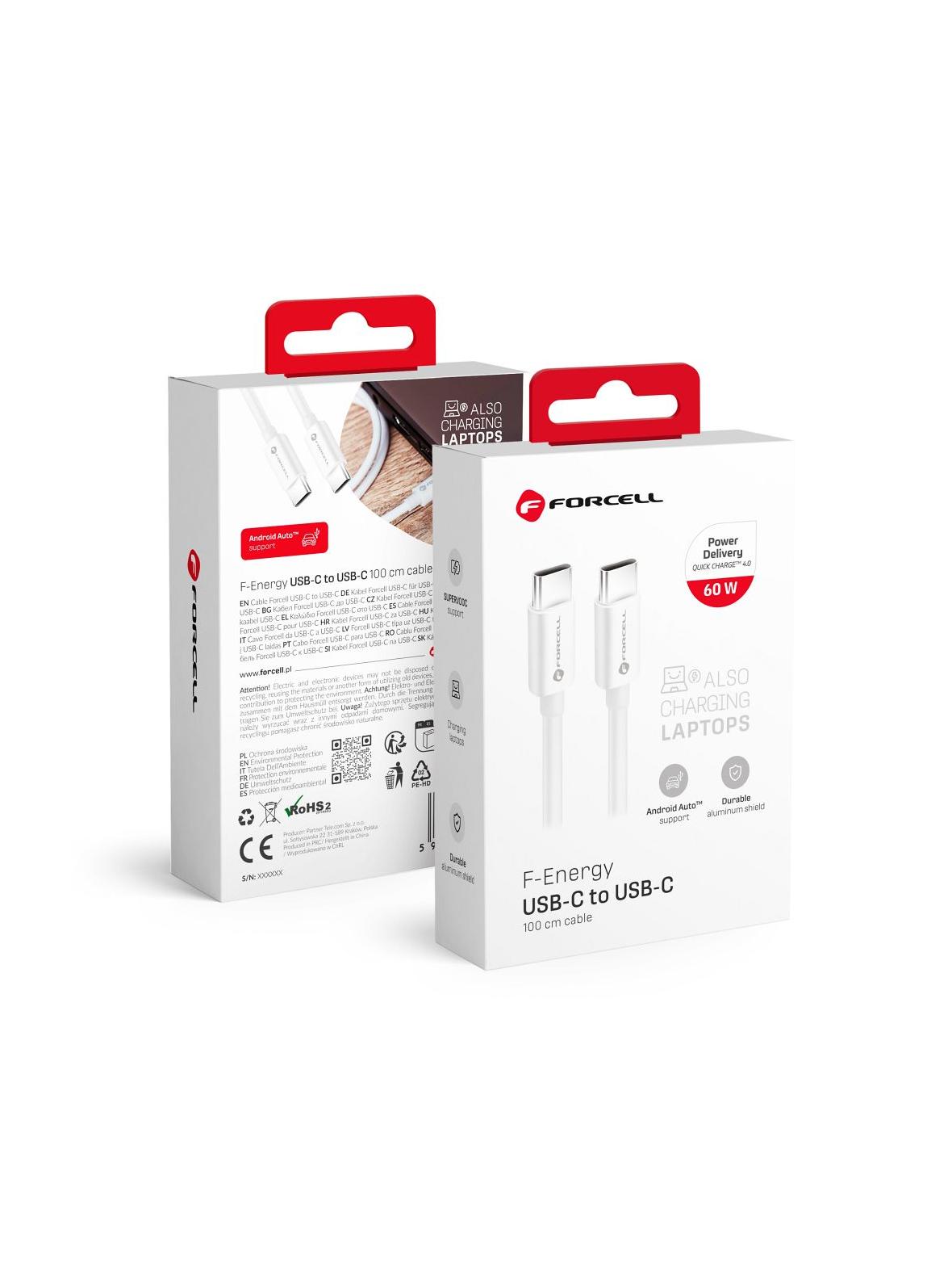 Kabel USB C do USB C Forcell F-Energy QC4.0 PD 3A 60W 1 m C338 biały