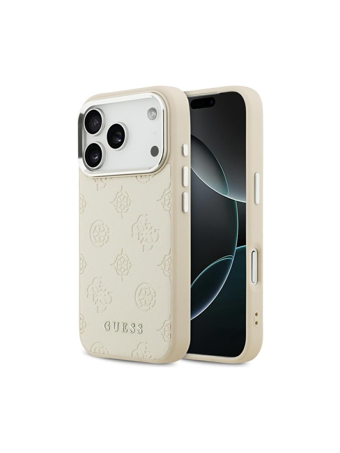 GUESS futerał do IPHONE 17 Pro kompatybilny z MagSafe GUHMP17LPSPOSSSE (PU W/ Peony Hot Stamp Script) beżowy