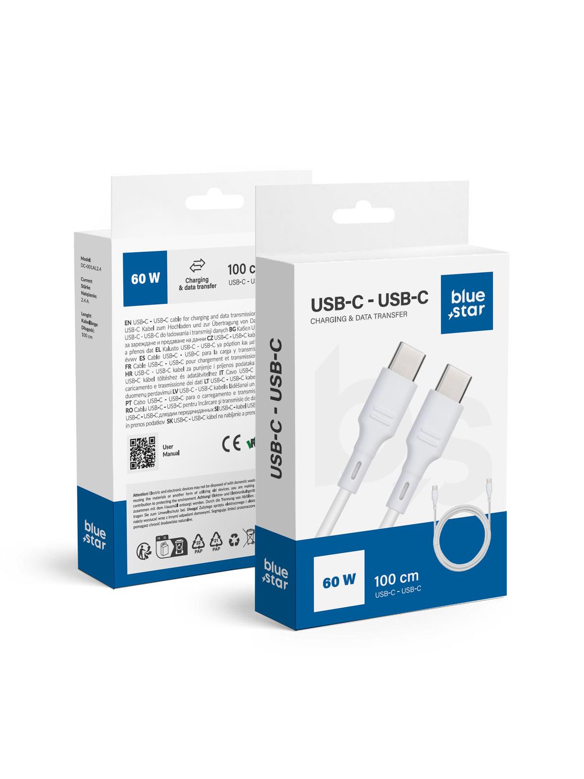 Kabel USB C do USB C Blue Star 3A 60W 1 m DC-001CC3.0 biały